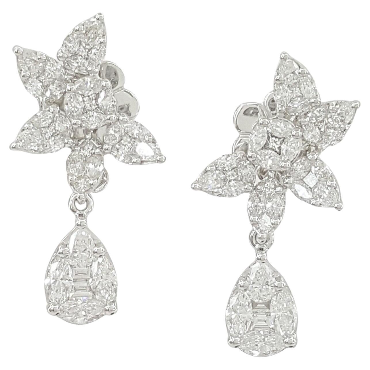  3 ct Pear, Marquise, Princess & Baguette Cut Diamond Pear Shape Cluster Drop/Dangle Earrings.
