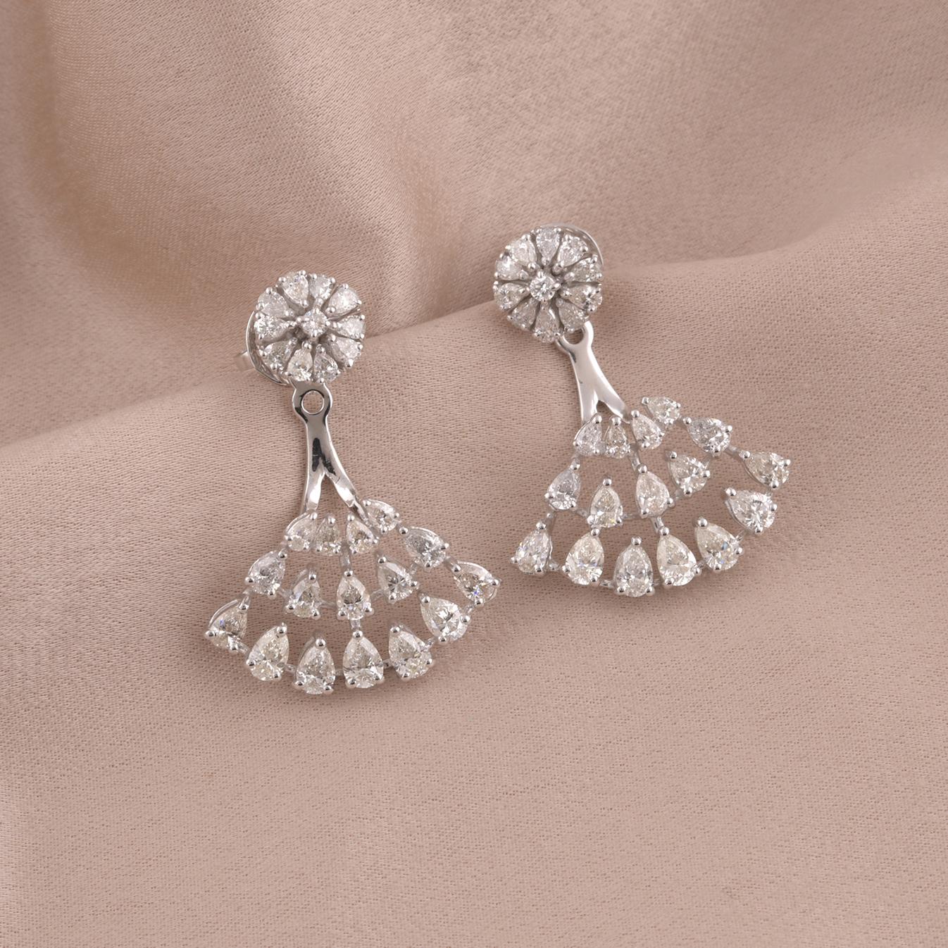 Pear Cut 3 Carat Diamond Fan Shape Jacket Earrings 14 Karat White Gold Fine Jewelry For Sale