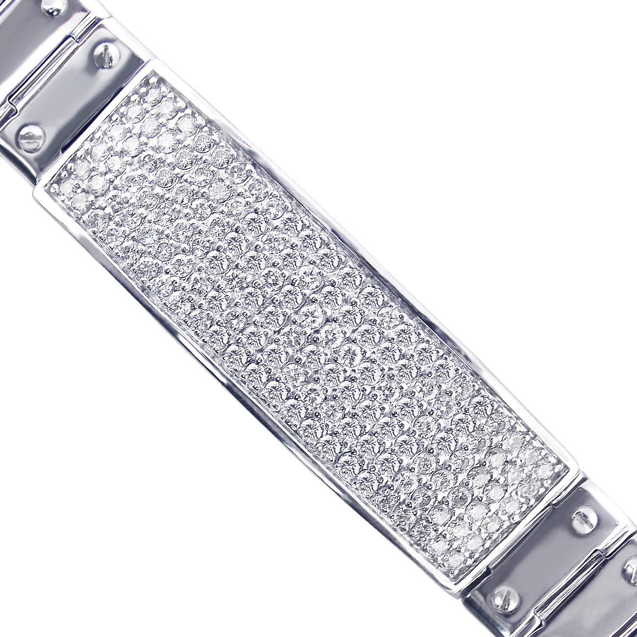 Round Cut 14K Solid White Gold 3 Carat Diamond ID Screw Link Men's Bracelet 57.9 g 8.25