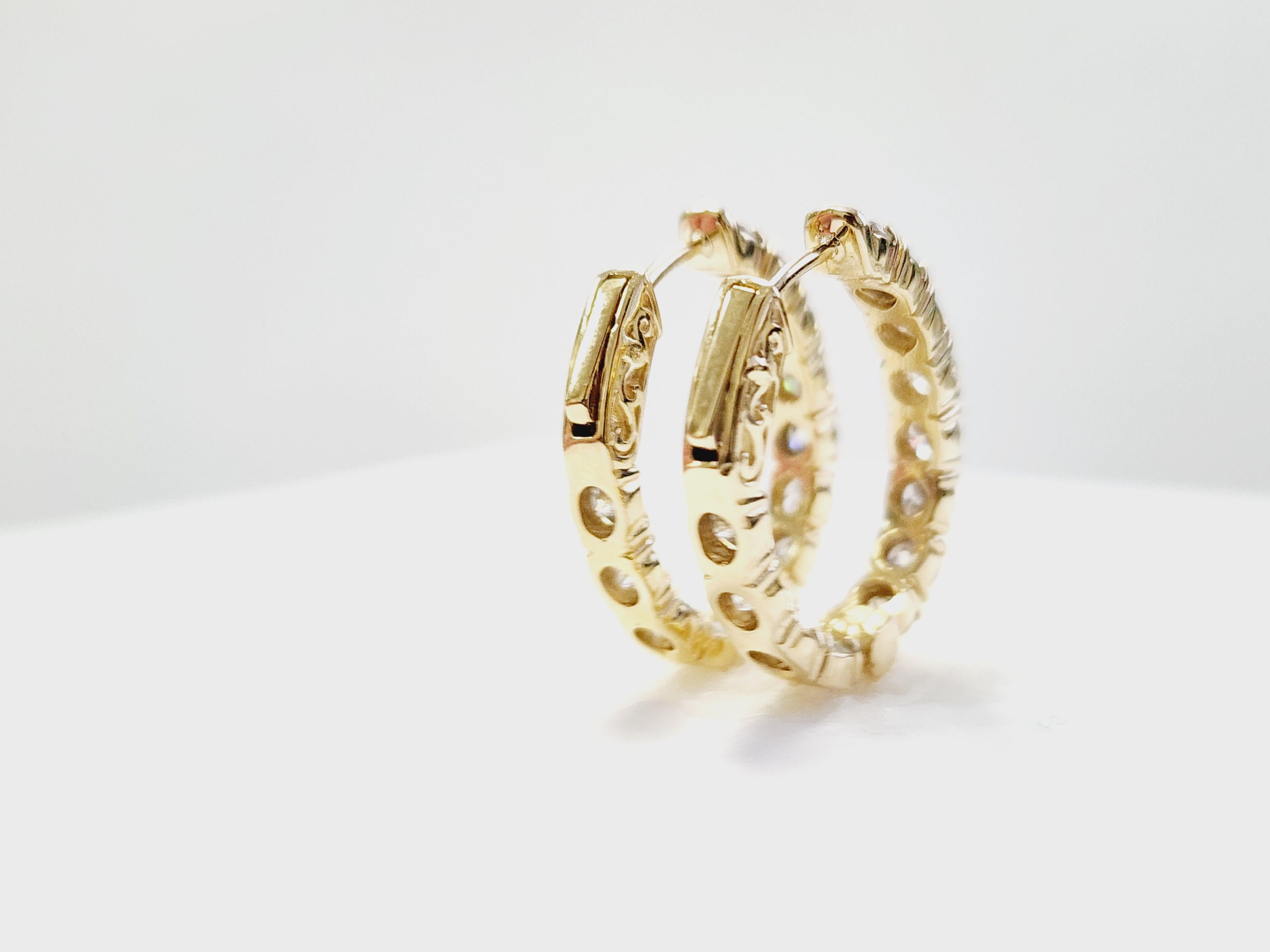 Round Cut 3 Carat Natural Diamond Oval Hoops Earrings 14 Karat Yellow Gold
