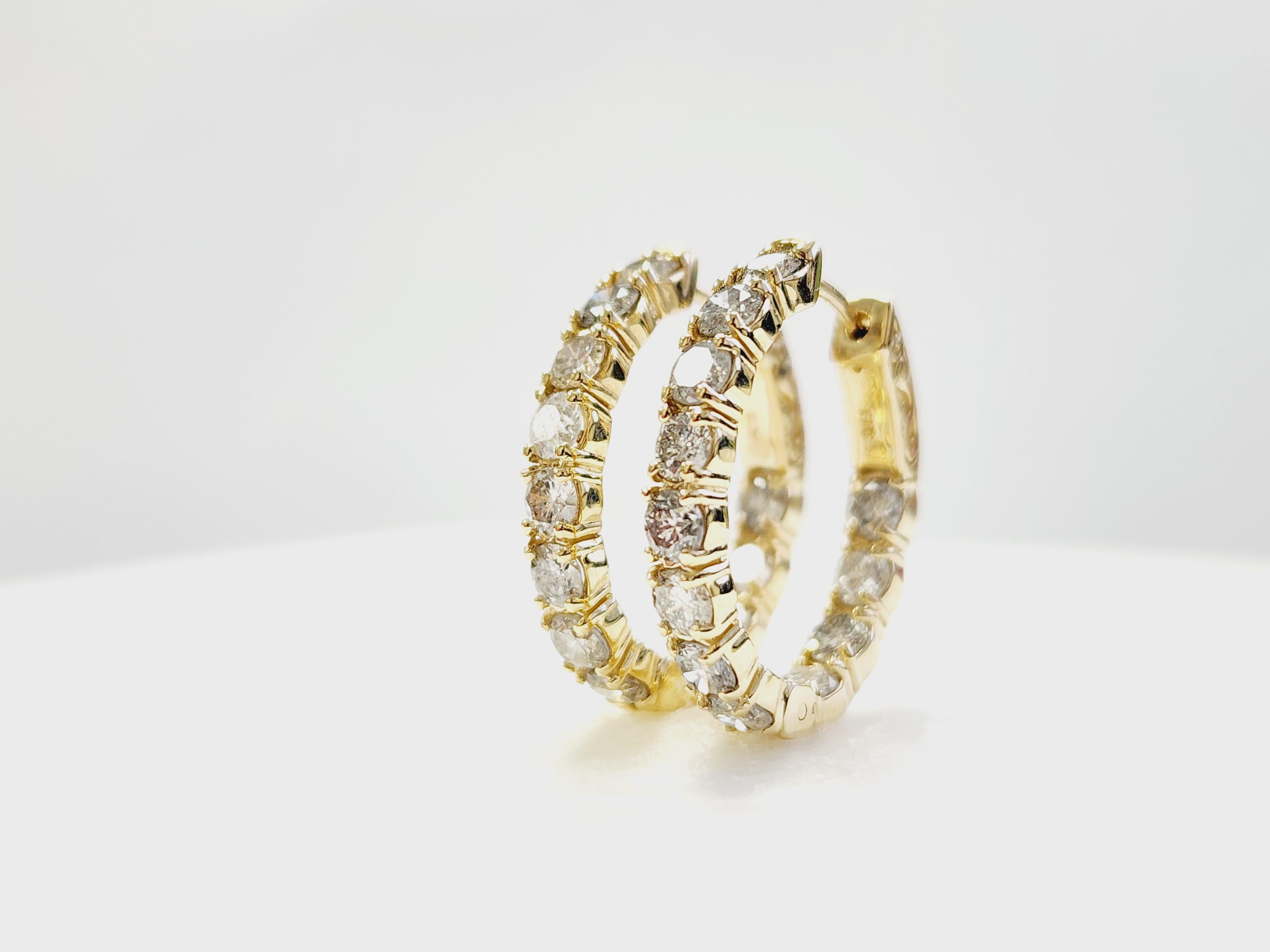 Women's 3 Carat Natural Diamond Oval Hoops Earrings 14 Karat Yellow Gold