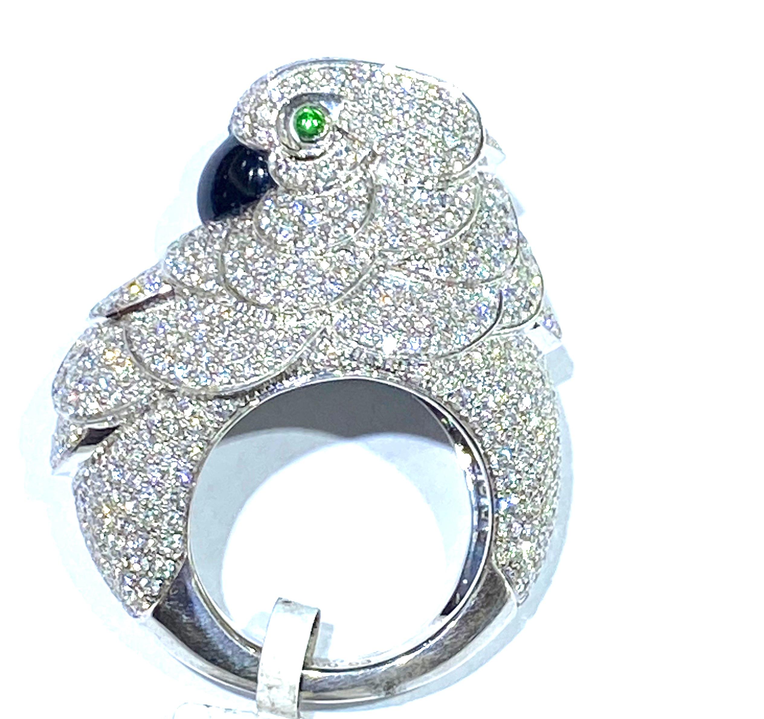 3 Carat Diamond Parrot Statement Ring with Emeralds and Black Onyx

This amazing show-stopper, the ring is a statement for any occasion!

The diamonds are pave set and have a weight of 2.98 carats. The eyes are emeralds and the body has black onyx