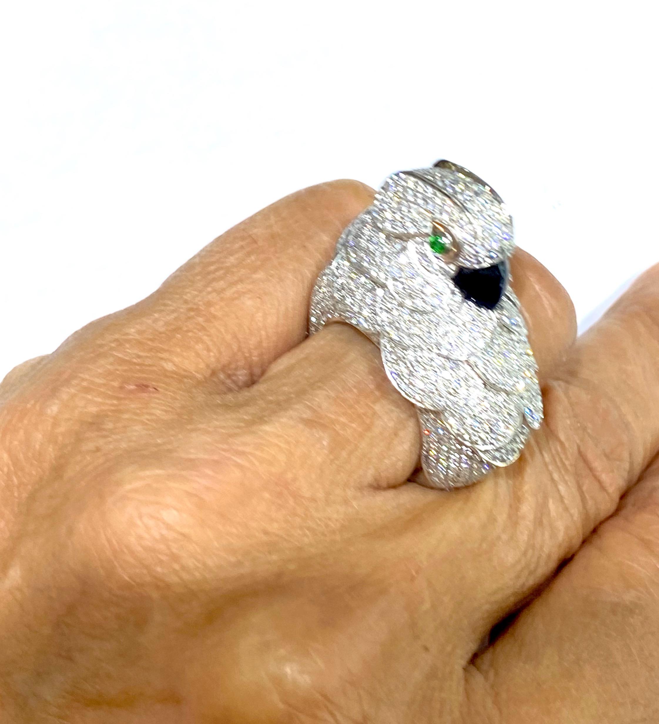 Contemporary 3 Carat Diamond Parrot Statement Ring with Emeralds and Black Onyx