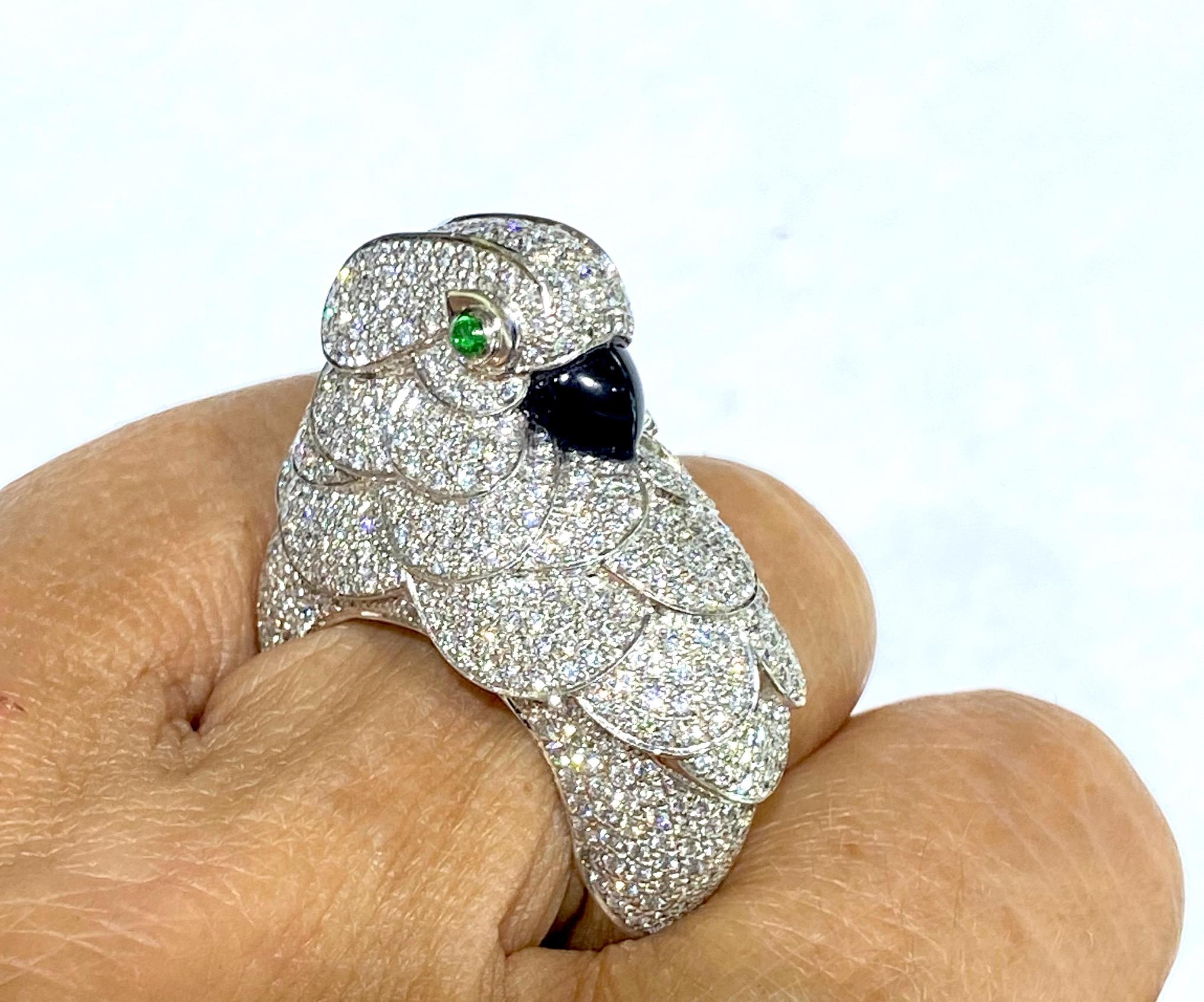 Round Cut 3 Carat Diamond Parrot Statement Ring with Emeralds and Black Onyx