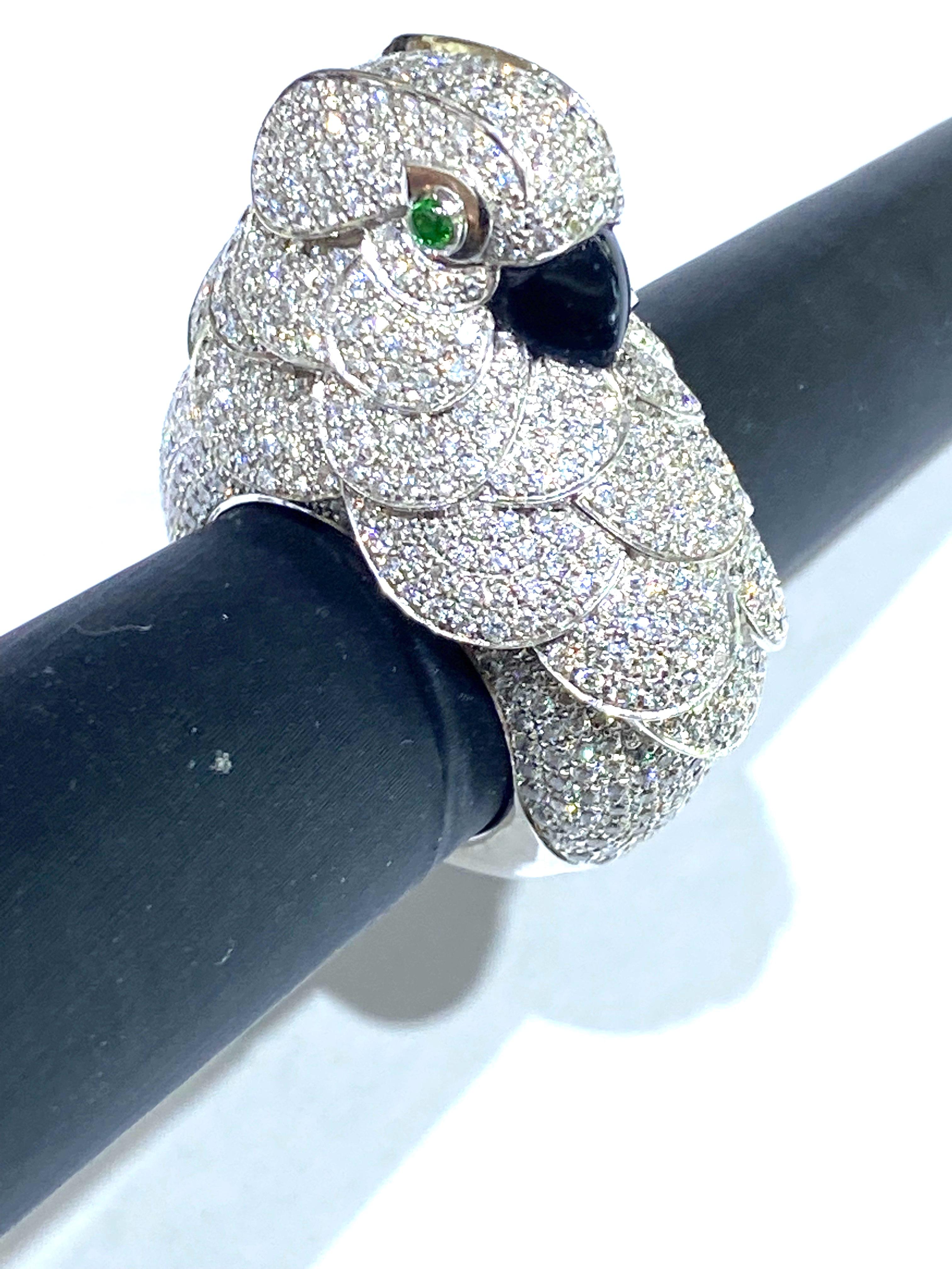 Women's or Men's 3 Carat Diamond Parrot Statement Ring with Emeralds and Black Onyx