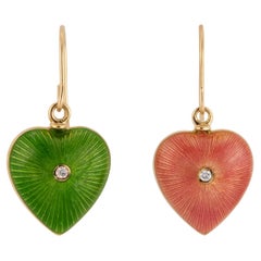 .3 Carat Diamond Pink Green Enamel Yellow Gold Dangle Earrings