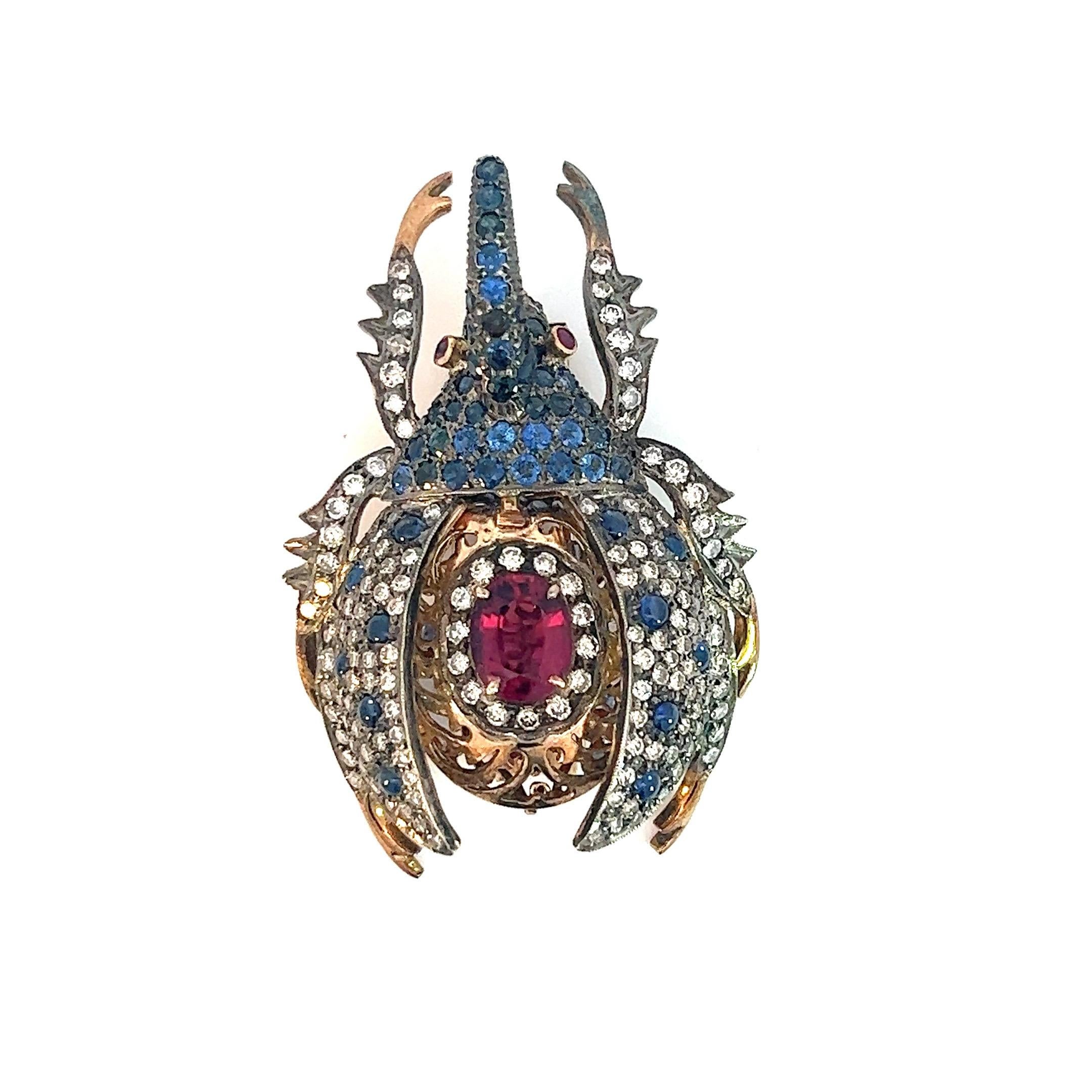 Round Cut 3 Carat Diamond, Sapphire Edwardian Style Beetle Pin with 3.5 Carat Spinel 18K  For Sale