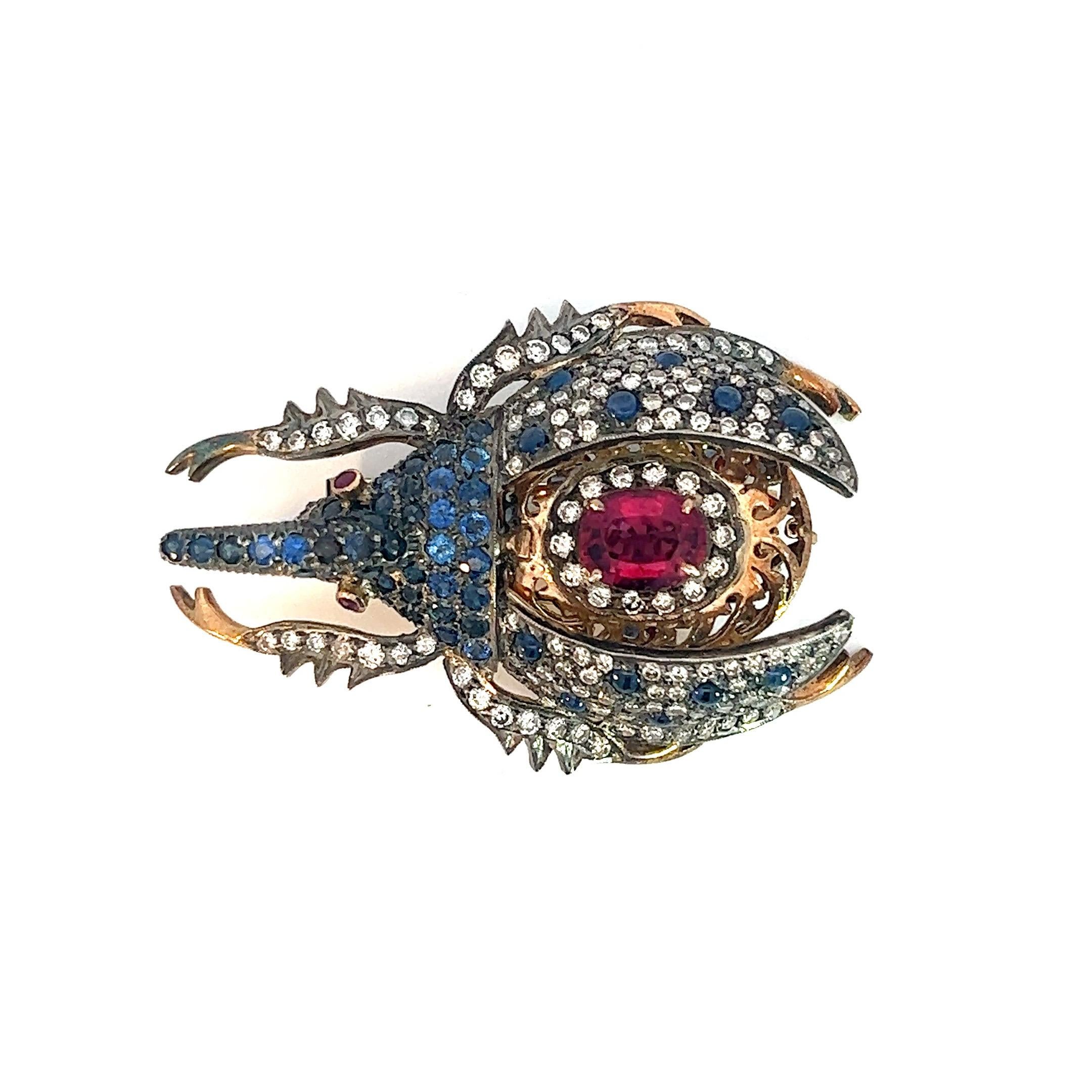 3 Carat Diamond, Sapphire Edwardian Style Beetle Pin with 3.5 Carat Spinel 18K  In New Condition For Sale In New York, NY