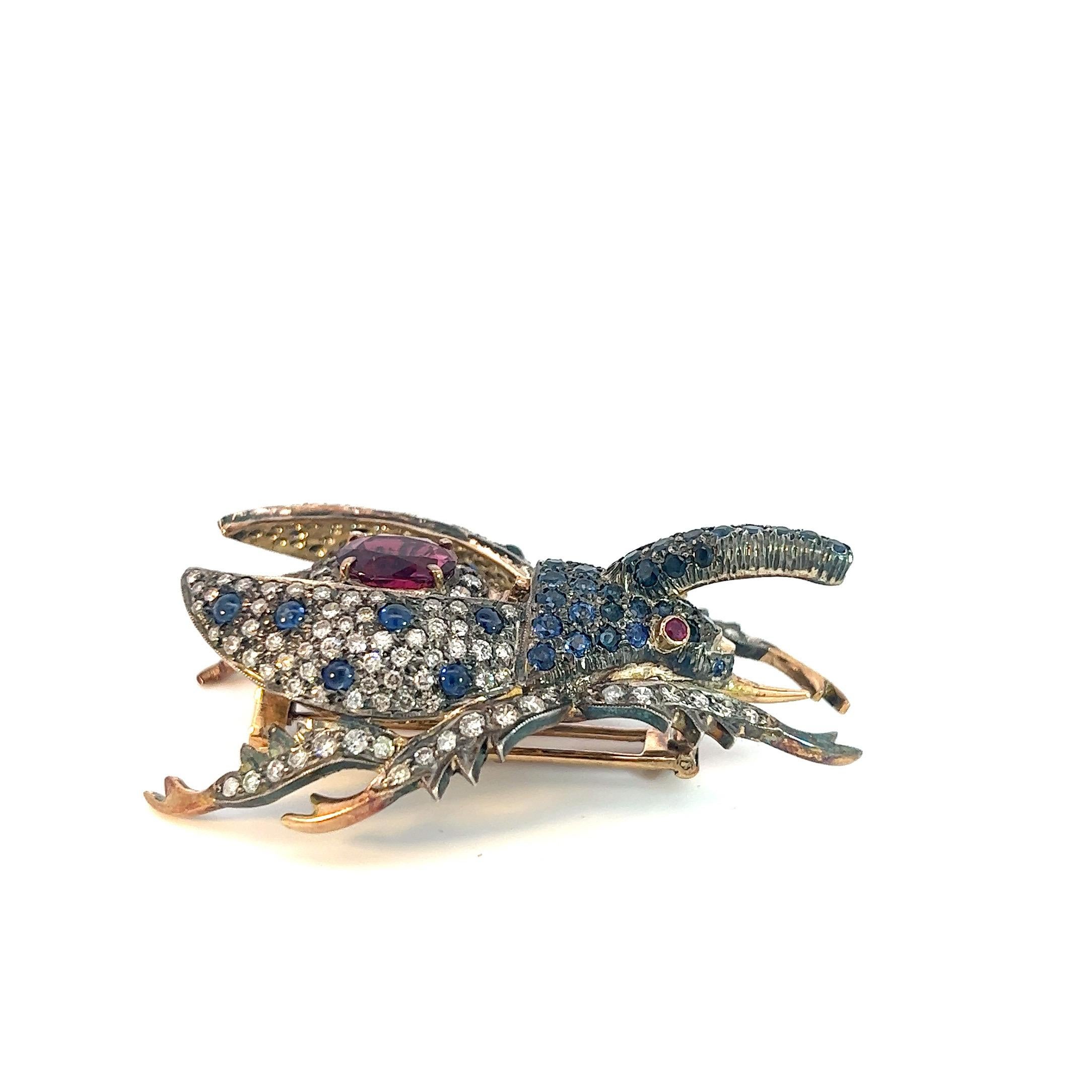 Women's 3 Carat Diamond, Sapphire Edwardian Style Beetle Pin with 3.5 Carat Spinel 18K  For Sale