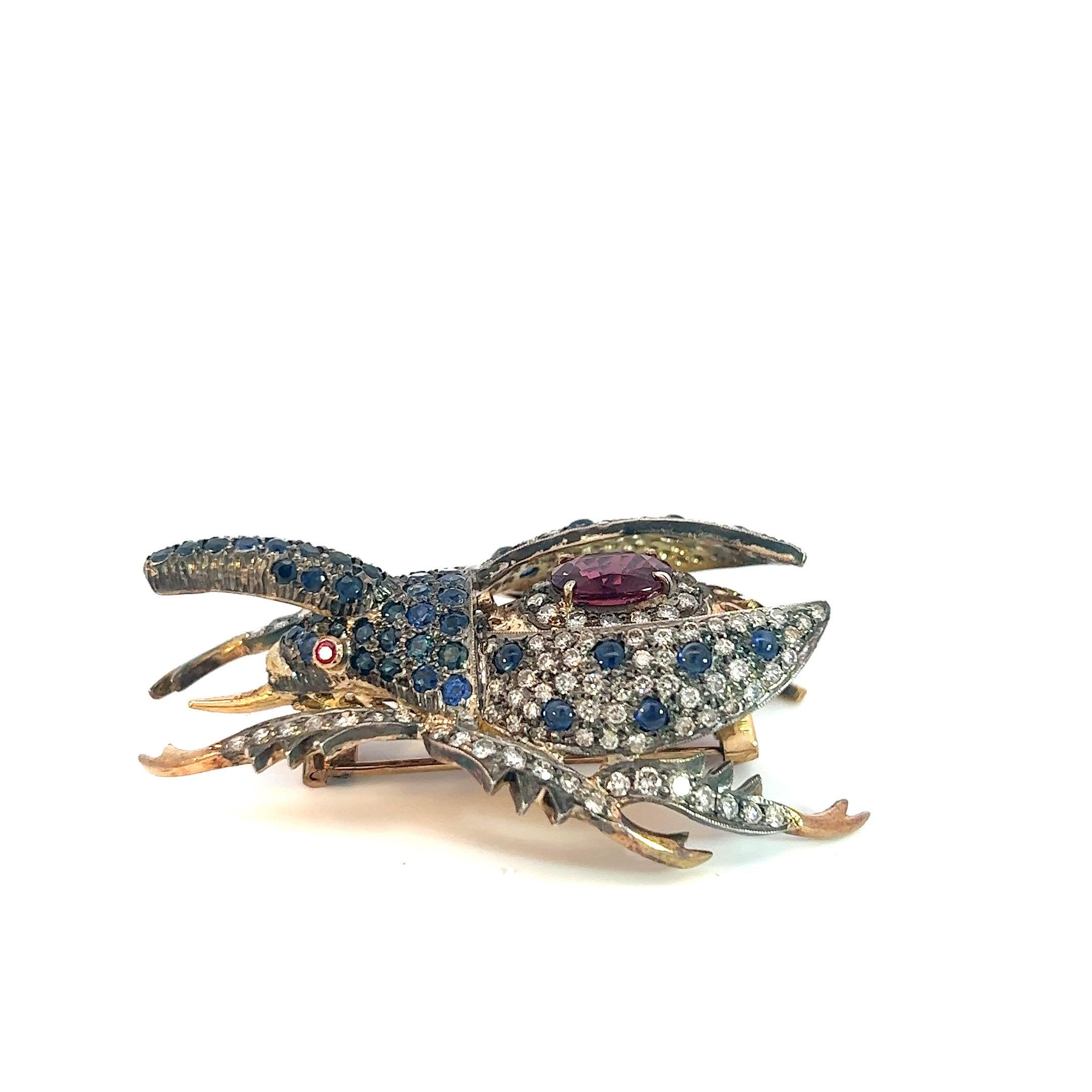 3 Carat Diamond, Sapphire Edwardian Style Beetle Pin with 3.5 Carat Spinel 18K  For Sale 1