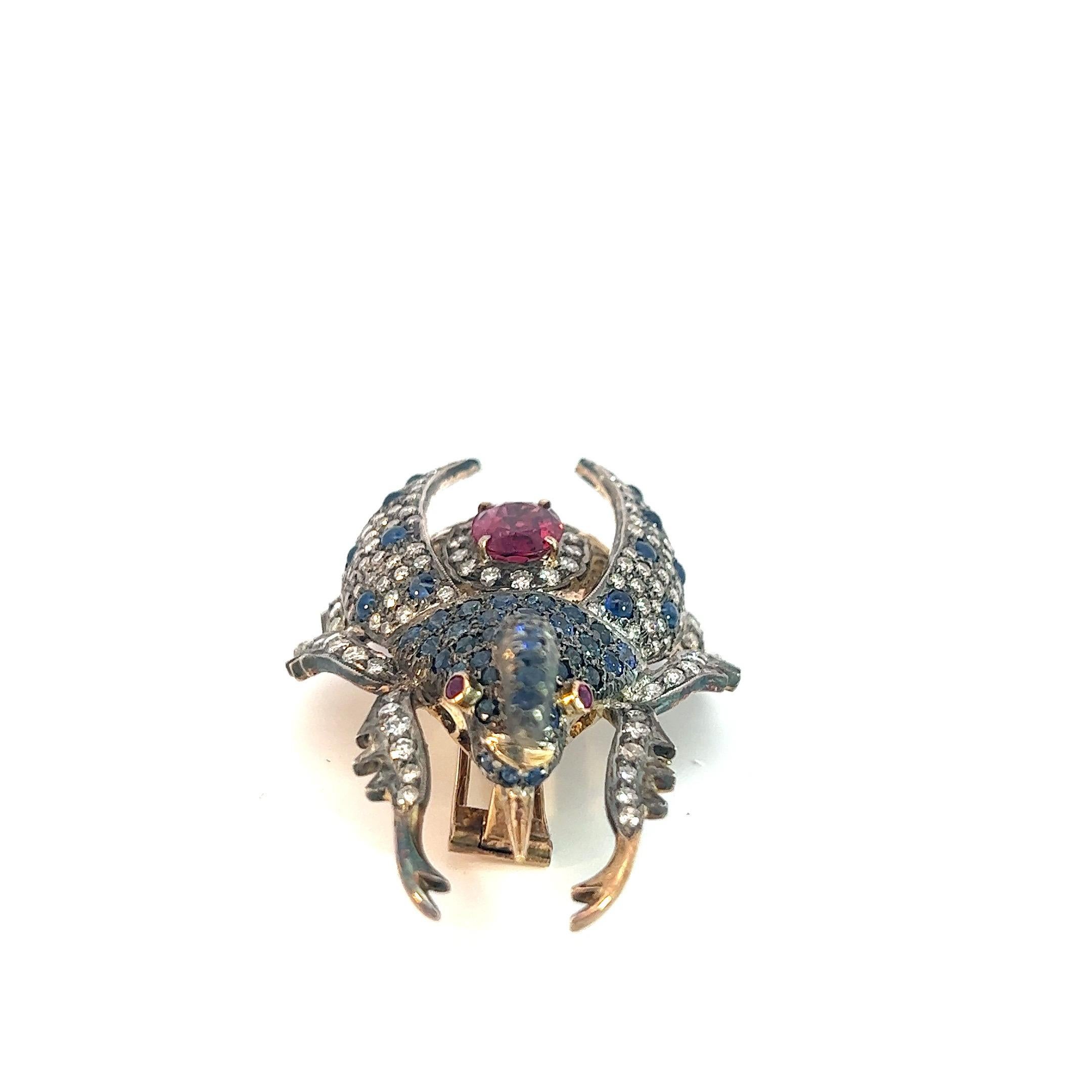 3 Carat Diamond, Sapphire Edwardian Style Beetle Pin with 3.5 Carat Spinel 18K  For Sale 2