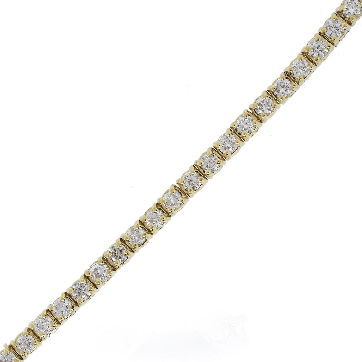 Material: 14k Yellow Gold
Diamond Details: Approximately 3ctw round brilliant diamonds. Diamonds are J in color and SI1 in clarity.
Clasp: Tongue in box clasp with safety latch
Total Weight: 16.2g (10.4dwt)
Length: 6.5