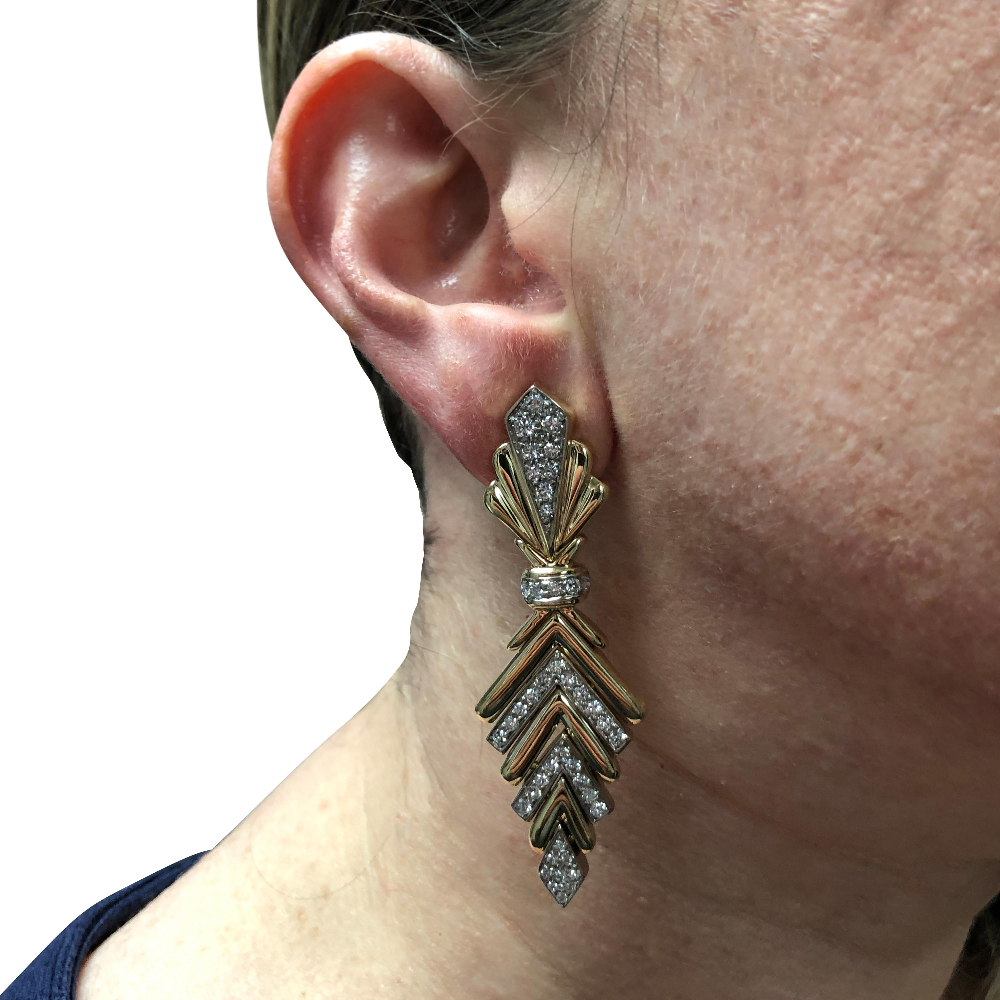 Modern 3 Carat Diamond Two-Tone Gold Dangle Earrings