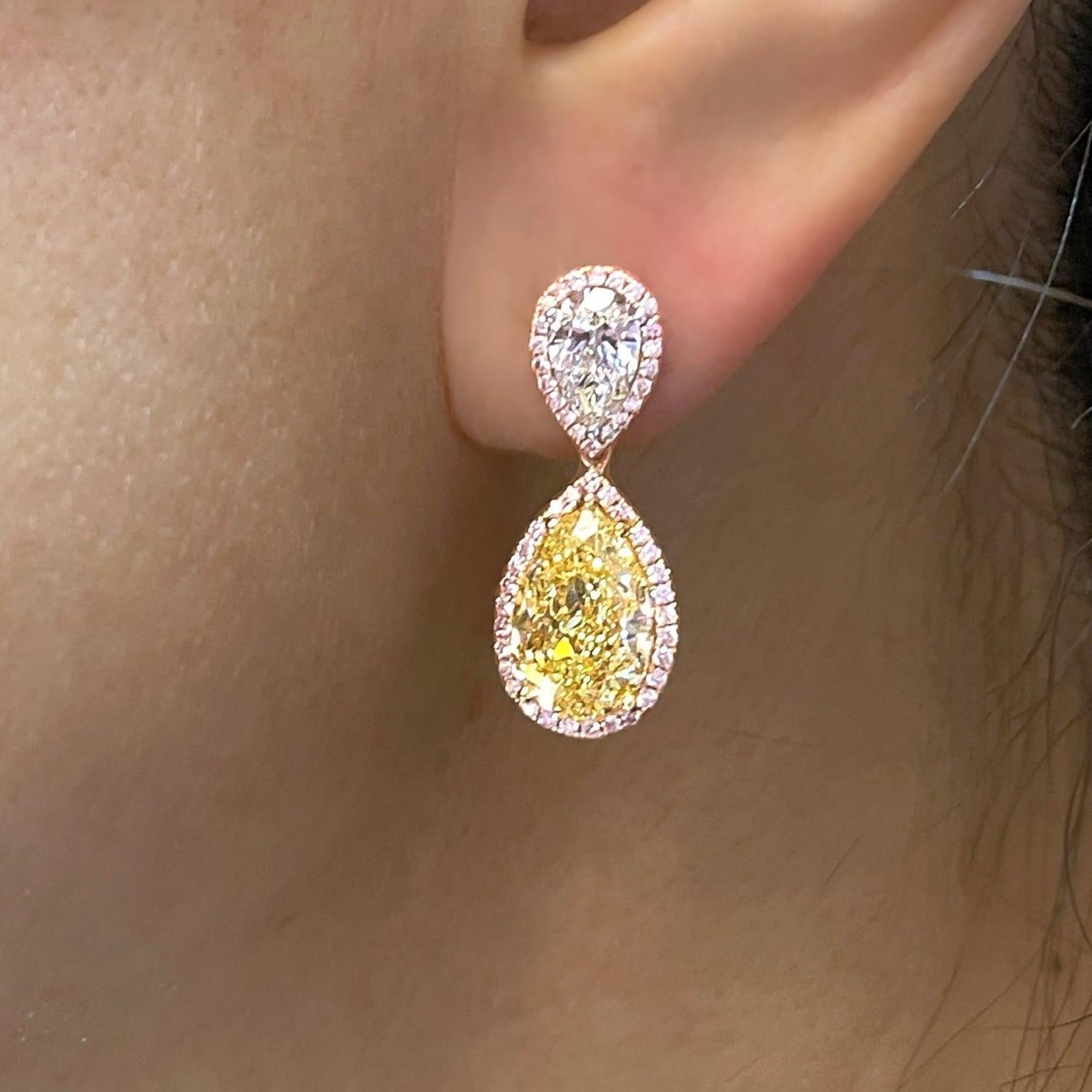 Pear Cut 7.26ct  GIA Light Yellow Pear Shape Diamond Drop Earrings For Sale