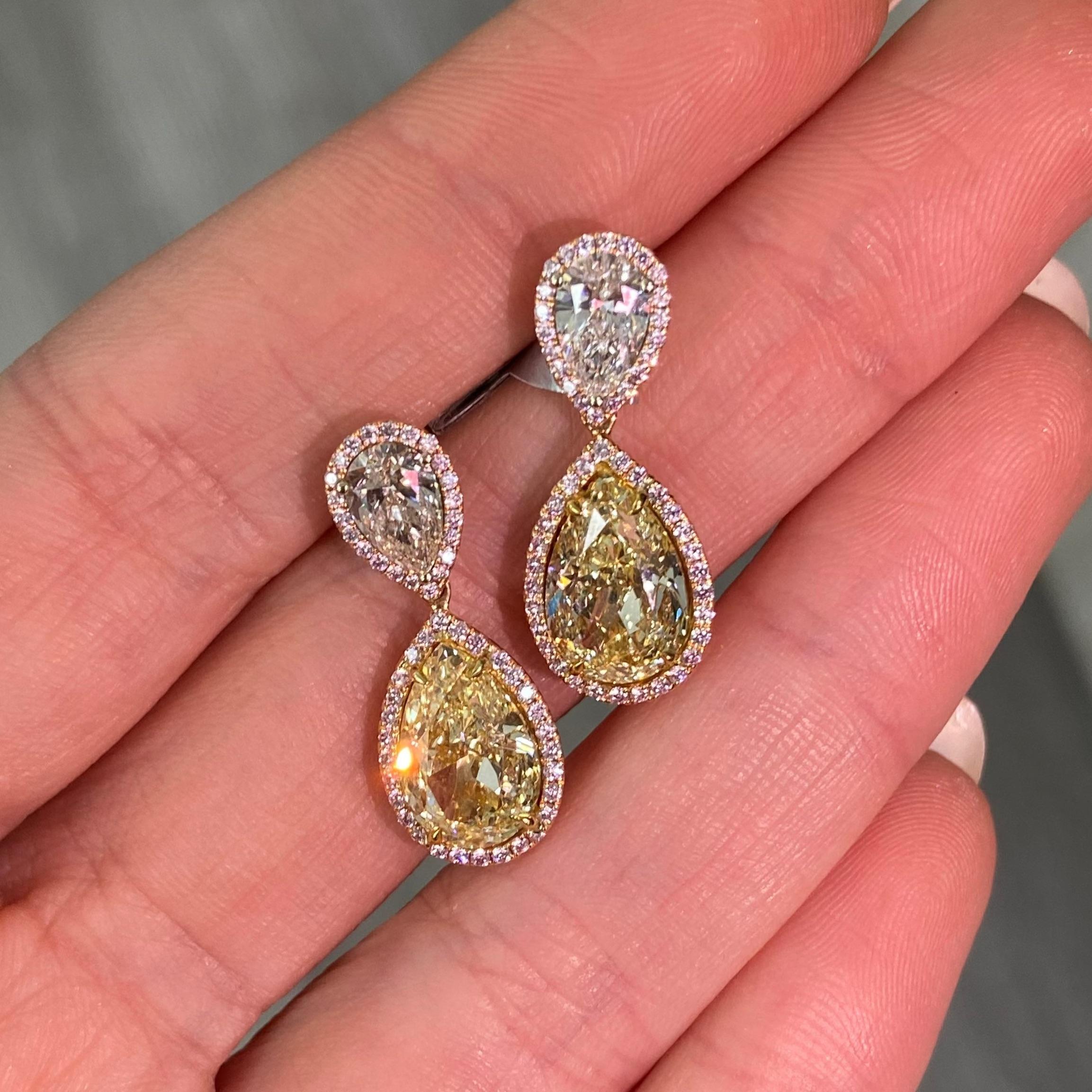 7.26ct  GIA Light Yellow Pear Shape Diamond Drop Earrings In New Condition For Sale In New York, NY