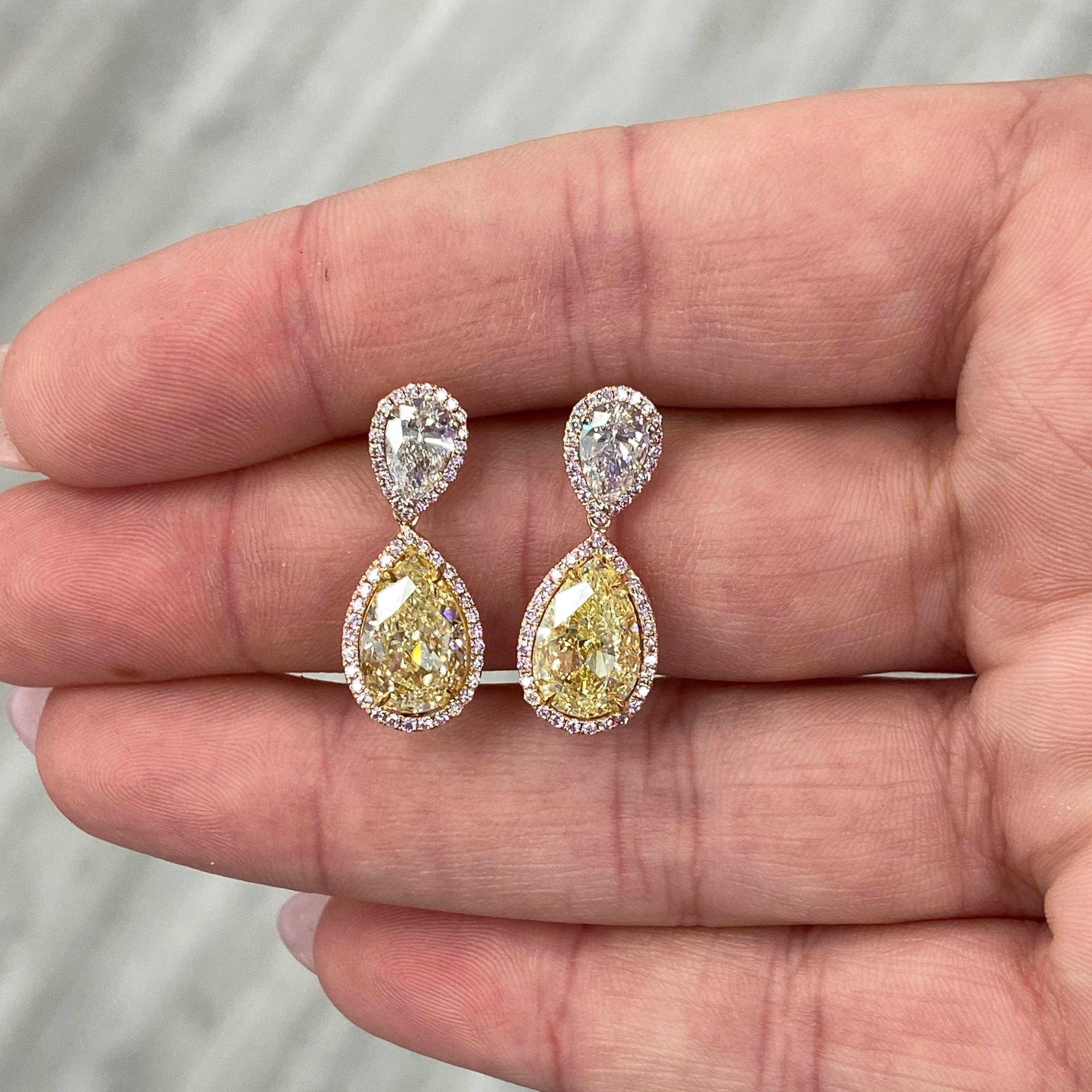 7.26ct  GIA Light Yellow Pear Shape Diamond Drop Earrings For Sale 1
