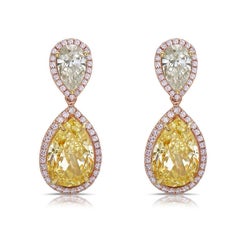 7.26ct  Boucles d'oreilles pendantes en diamant poire de couleur jaune Light de la GIA