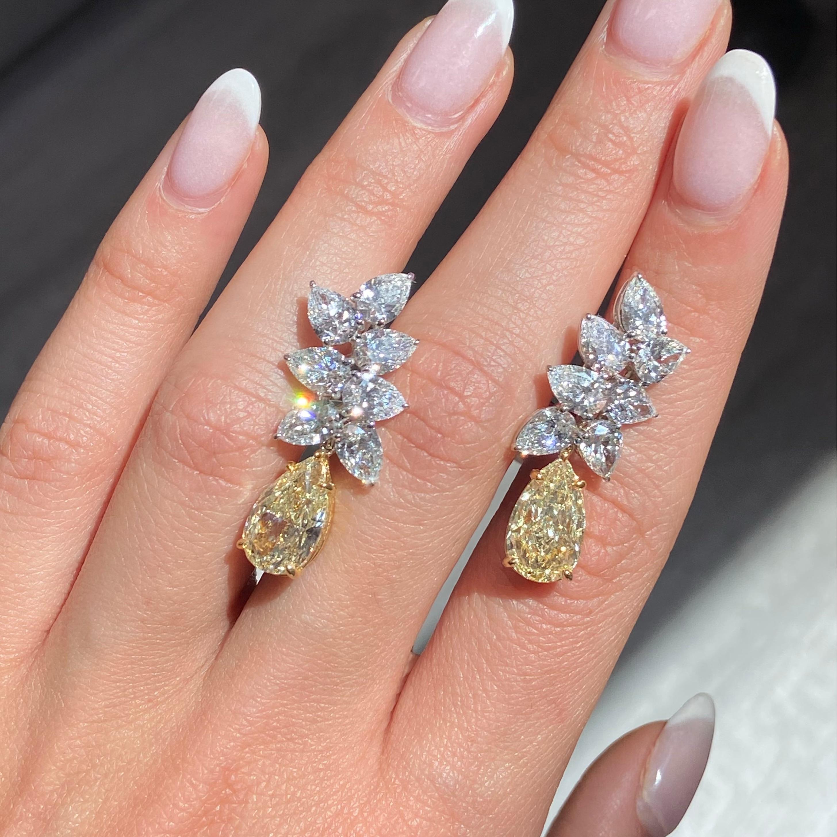 3 Carat Each Yellow Diamond With White Diamond Cluster Earrings For Sale 1