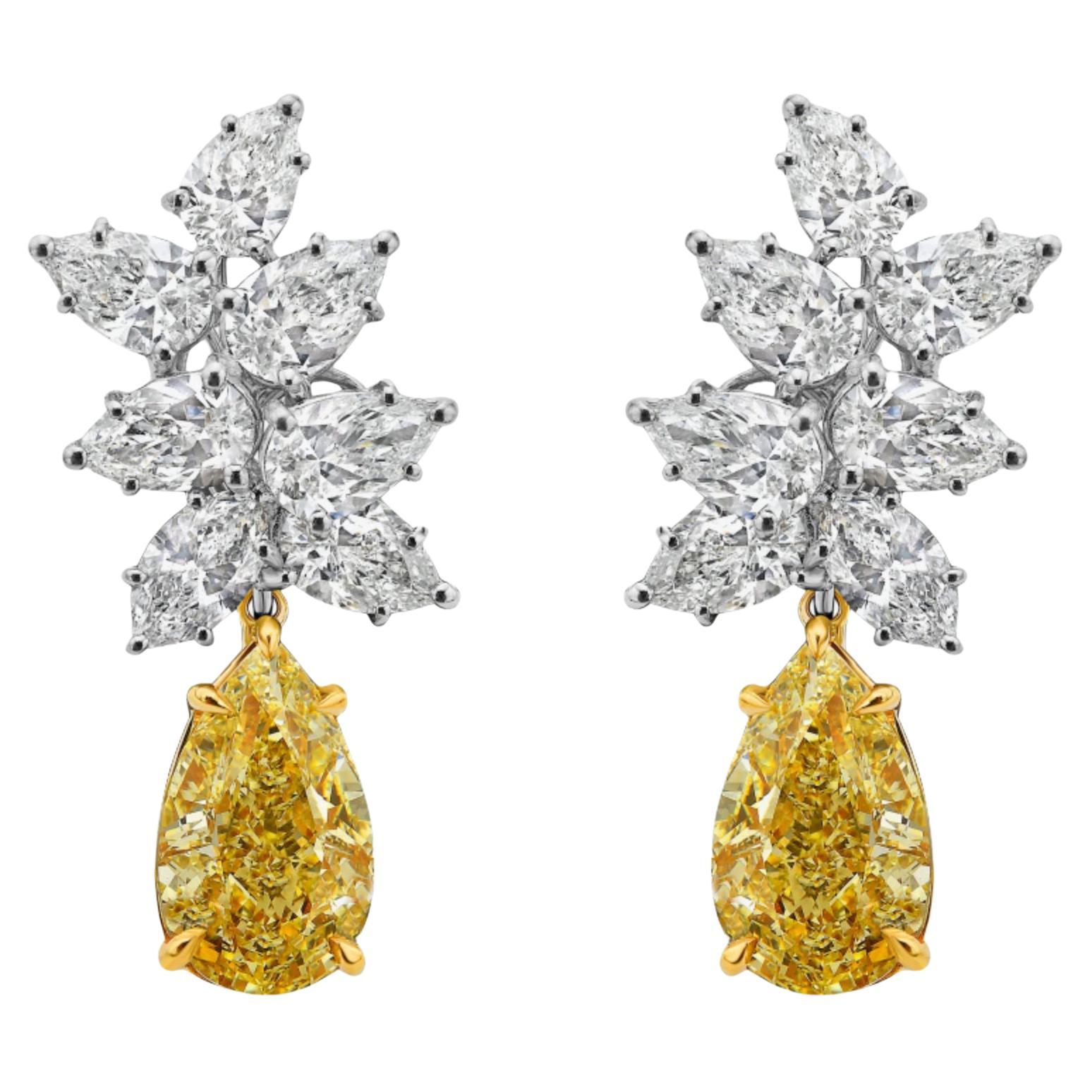 3 Carat Each Yellow Diamond With White Diamond Cluster Earrings For Sale