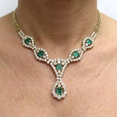 3 Carat Emerald 9 Carat Diamond 18k Yellow Gold Statement Necklace