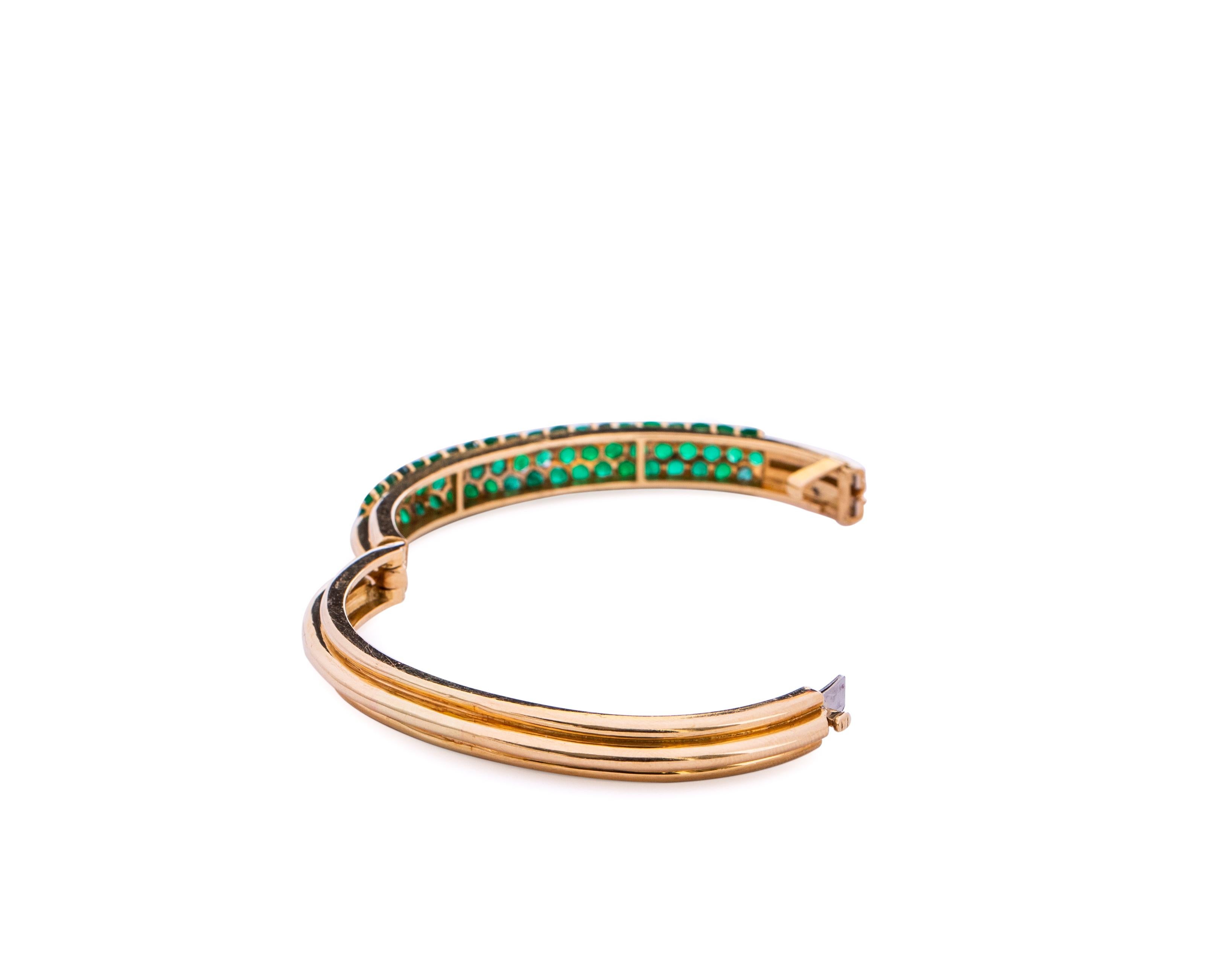 Item Details:
Metal Type: 18 Karat Yellow Gold
Weight: 30 grams
Fits a 7-8 inch wrist comfortably 
Secured by clasp which allows the bracelet to open up 

Emerald Details:
Carat: 3 Carats
Cut: Round
Color: Forest Green 