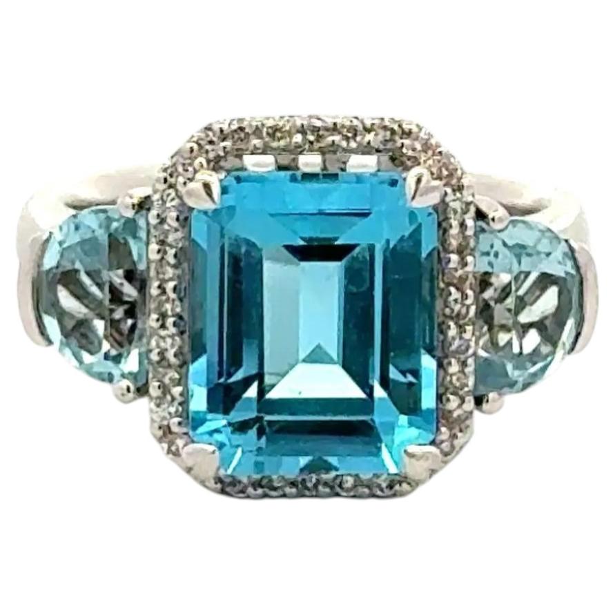 3 Carat Emerald Cut Blue Topaz and Diamond Vintage Cocktail Ring Estate