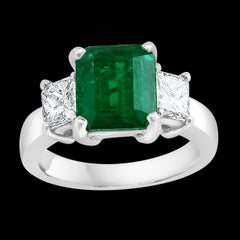 3 Carat Emerald Cut Colombian Emerald & 1.1 Ct Diamond Ring in 18K White Gold
