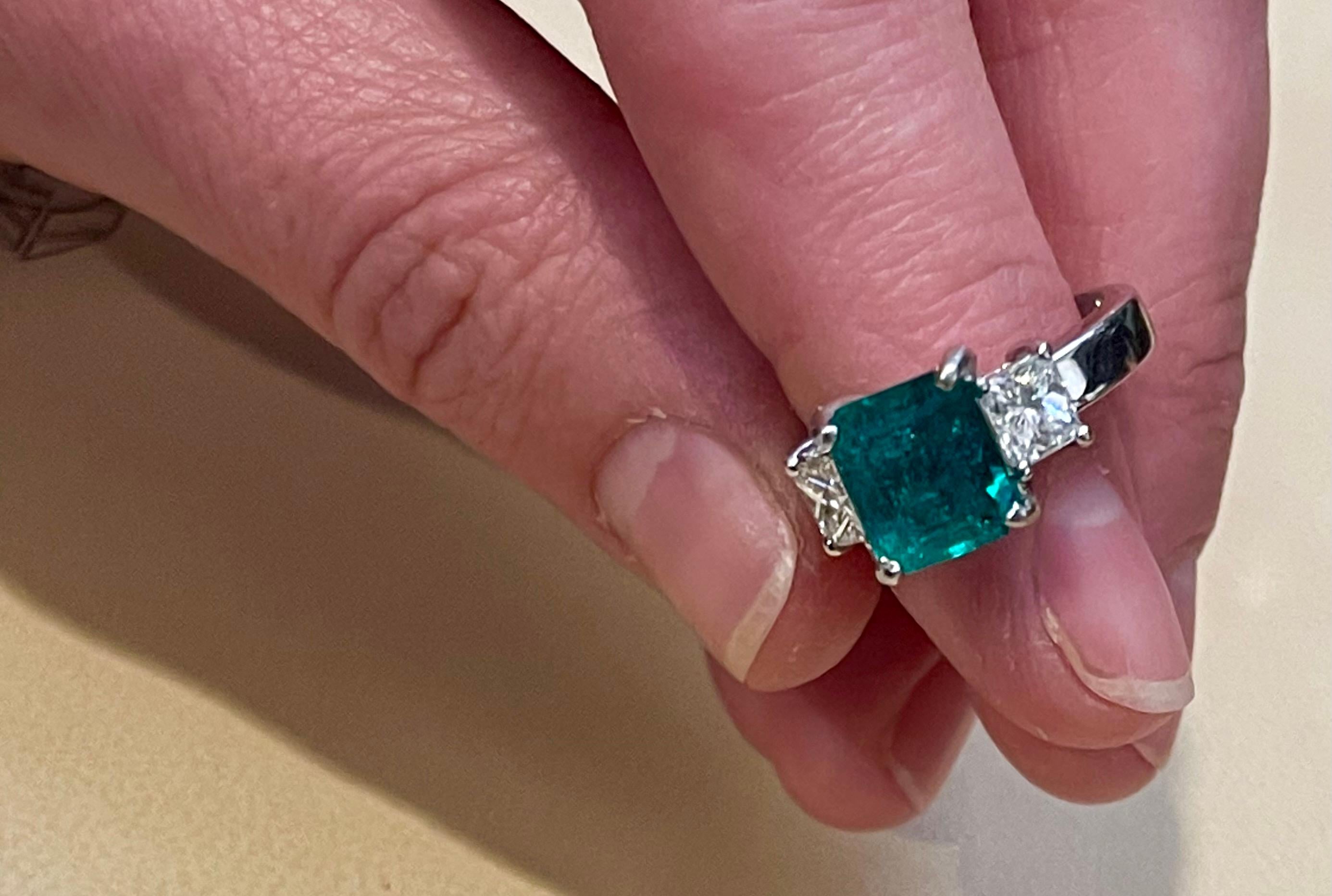 3 Carat Emerald Cut Colombian Emerald & 1.1 Ct Diamond Ring in 18K White Gold 2
