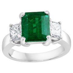 3 Carat Emerald Cut Colombian Emerald & 1.1 Ct Diamond Ring in 18K White Gold