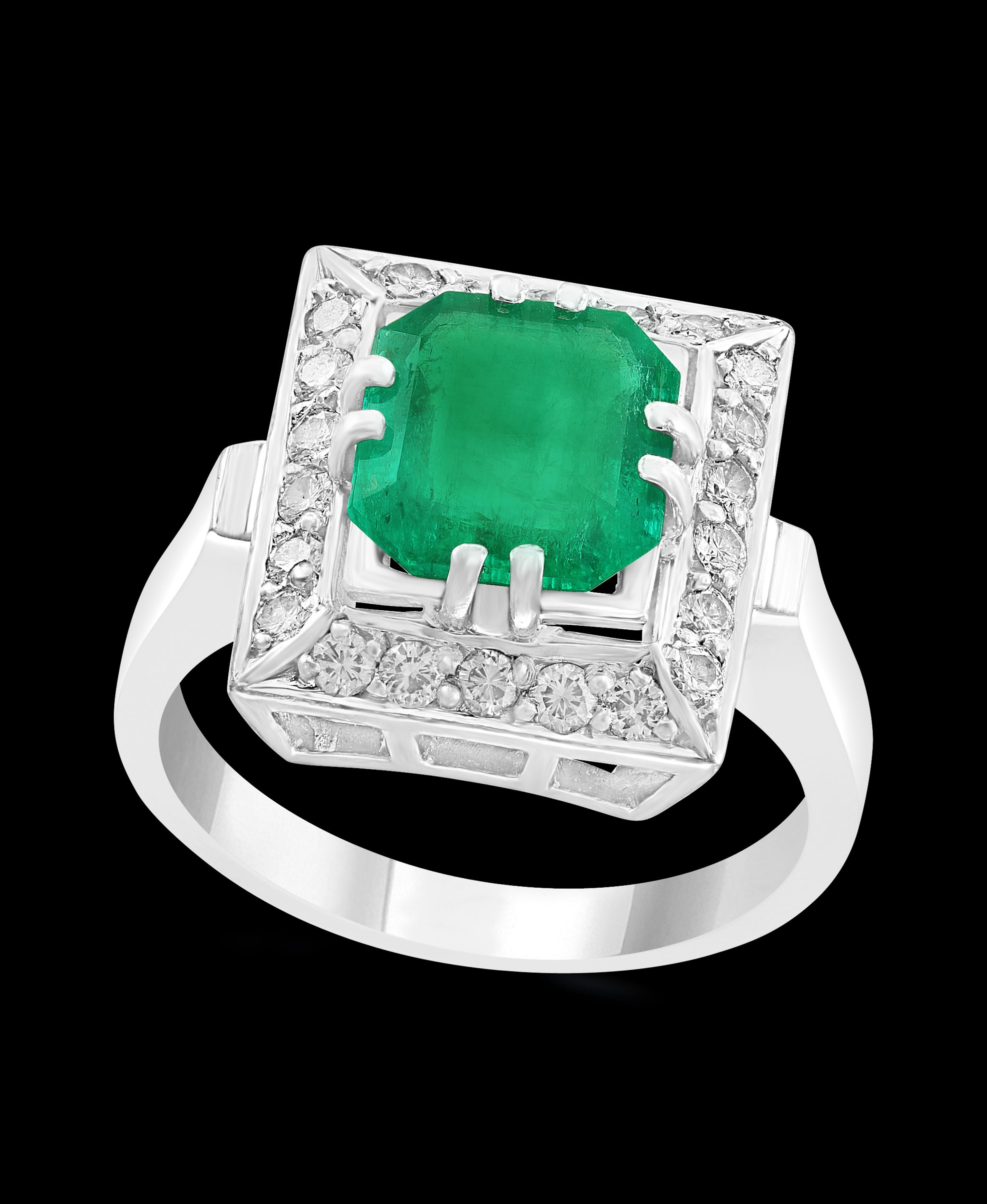 A classic, Cocktail ring 
3 Carat  Colombian Emerald and Diamond Ring, Estate, no color enhancement.
Gold: 18 carat white gold 
Weight: 8.5 gm
 Diamonds: approximate 1.5 Carat 
Emerald: 3.0 Carat 
Origin : Colombia 
Ring size 8
Color: Deep  Green,