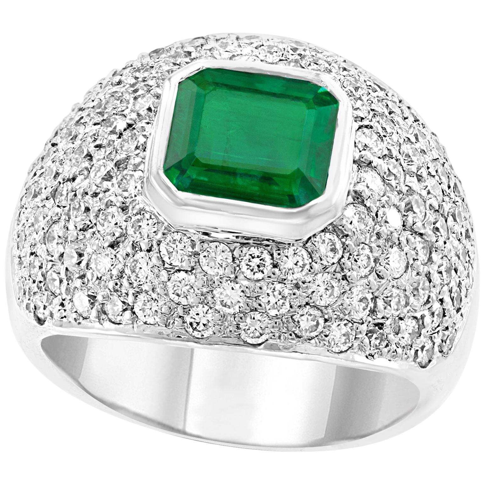 3 Carat Emerald Cut Colombian Emerald and Diamond 18 Karat Gold Ring Estate