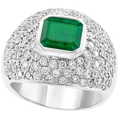 3 Carat Emerald Cut Colombian Emerald and Diamond 18 Karat Gold Ring Estate