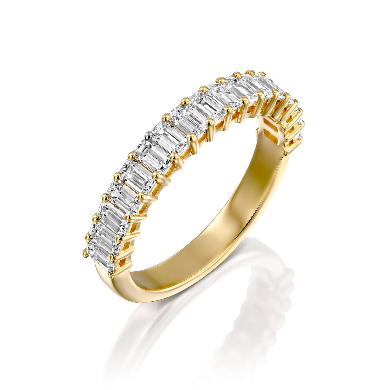 Stunning 3 carat certified diamond low set 18K yellow gold bar set band setting. Band features 17 emerald cut, 100% eye clean natural diamonds of F-G color and VS2-SI1 clarity. The ring is meticulously handcrafted with great care and attention to