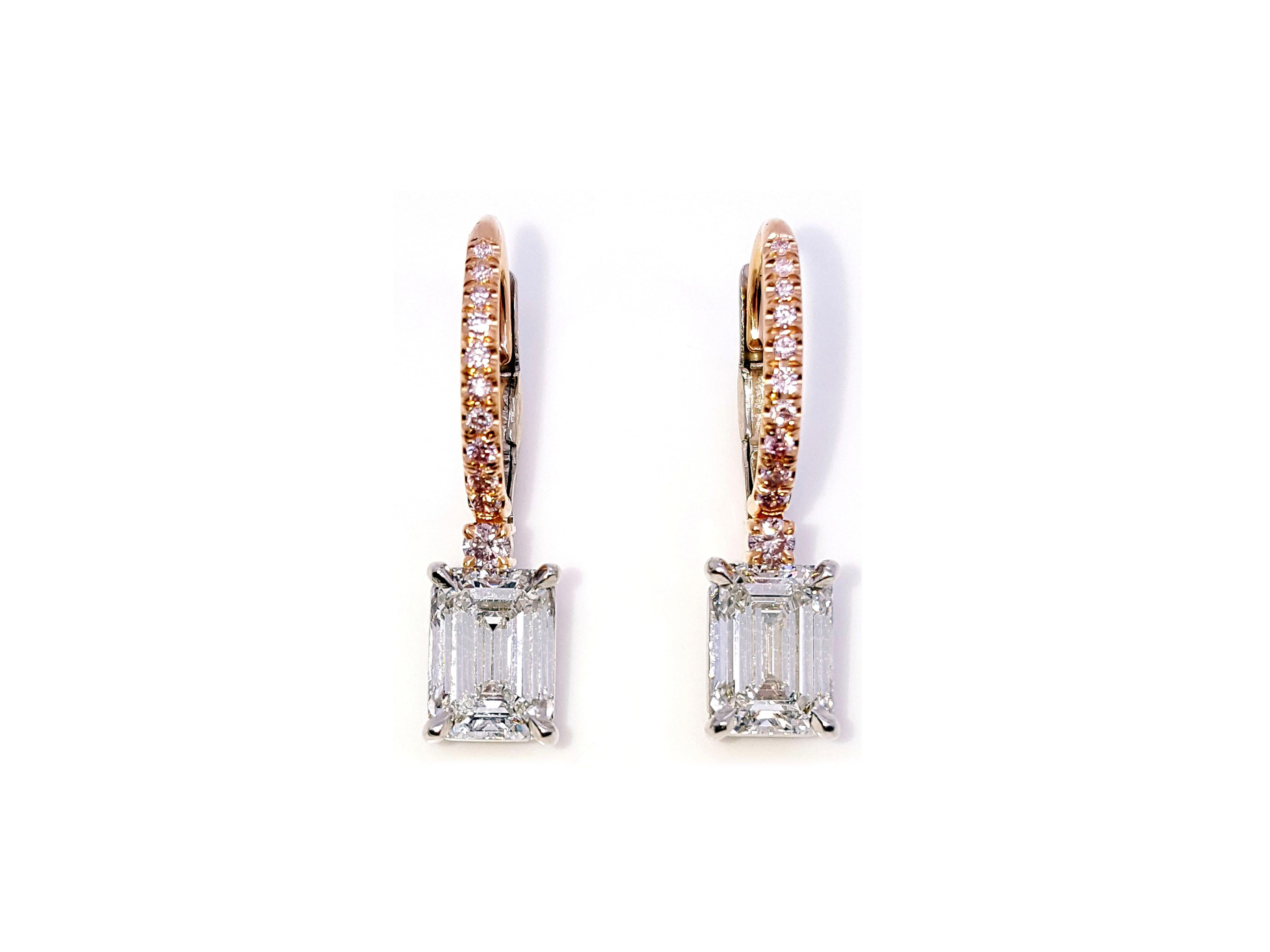 Novel Collection showcasing an elegant pair of 3 carat emerald cut diamond drop earrings, GIA certified as VVS2 clarity and I color.
Set with a perfect match of emerald cut 1.5 carat, VVS2 clarity, I color GIA Certified and a 1.5 carat, VVS2