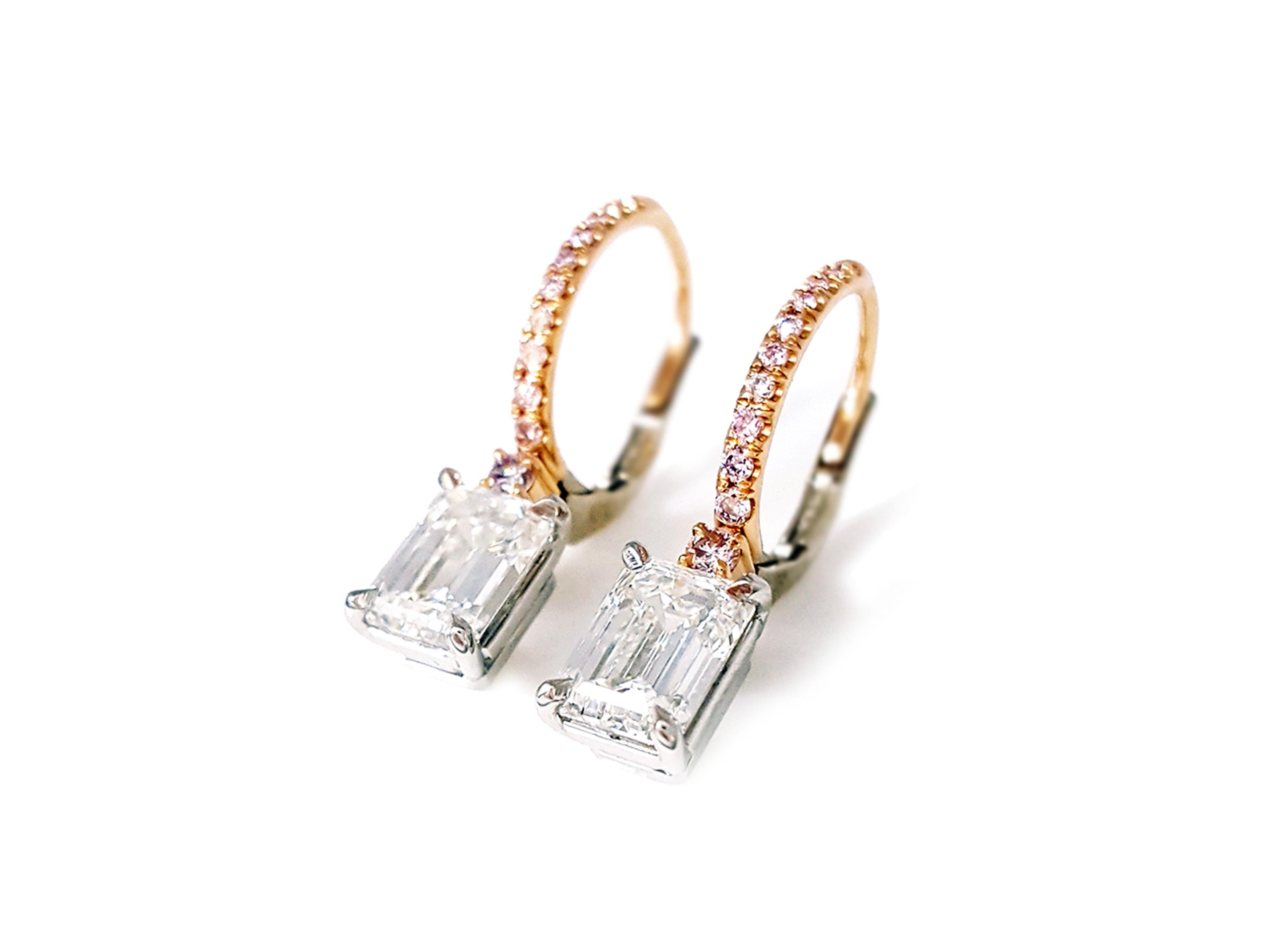 Contemporary 3 Carat Emerald Cut Diamond Drop Earrings Huggie Hoop 18k Gold, GIA Certified