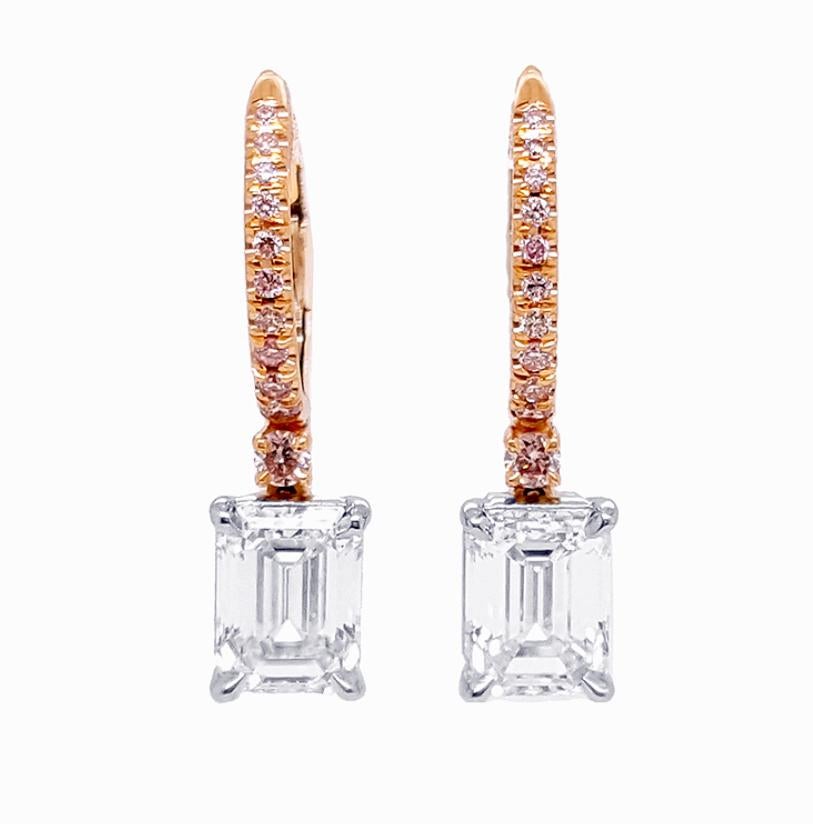 Women's 3 Carat Emerald Cut Diamond Drop Earrings Huggie Hoop 18k Gold, GIA Certified