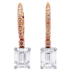 3 Carat Emerald Cut Diamond Drop Earrings Huggie Hoop 18k Gold, GIA Certified