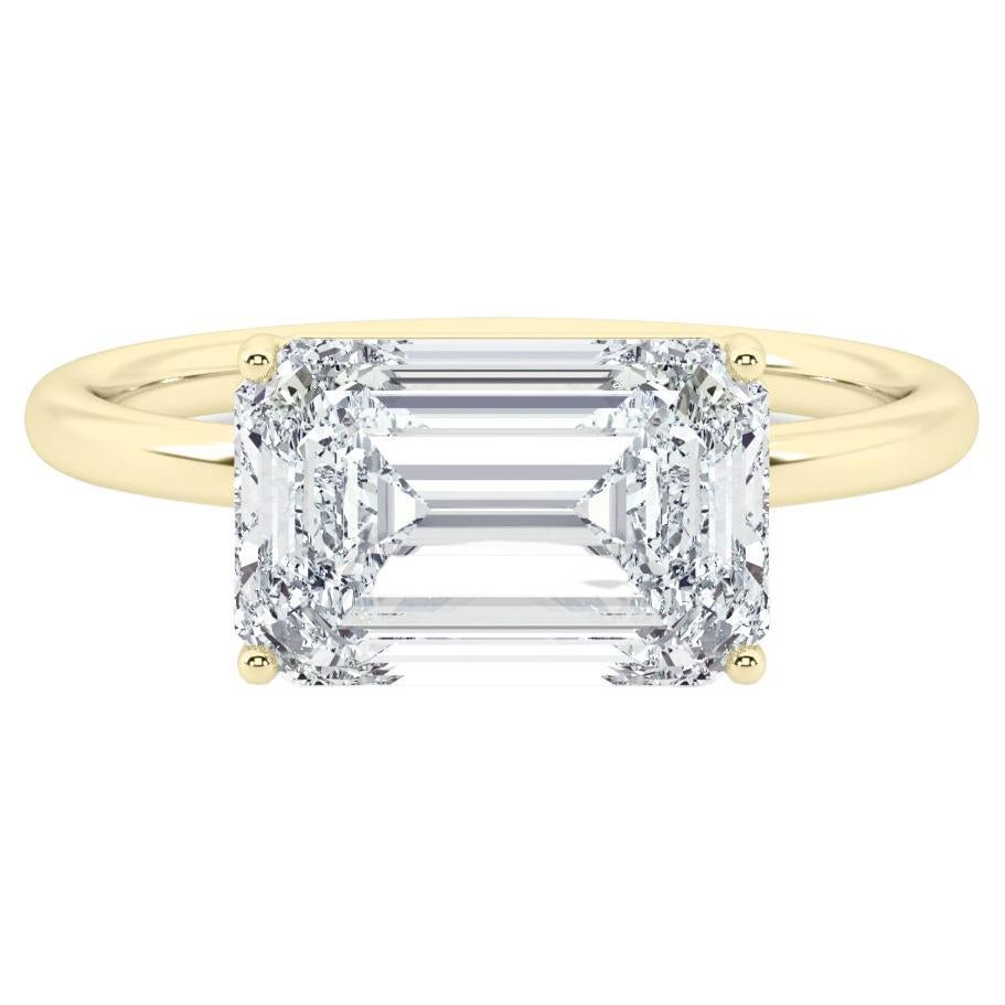 3 Carat Emerald Cut Diamond East to West Engagement Ring in 14 Karat Yellow Gold