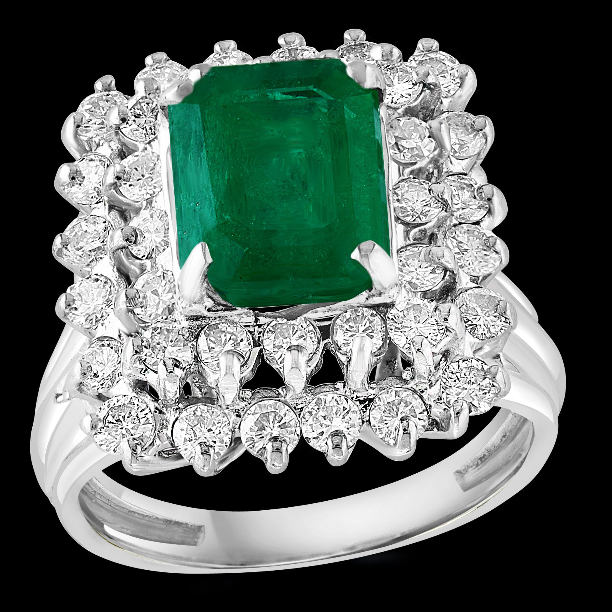 3 Carat Emerald Cut Emerald & 2 Carat Diamond Ring 14 Karat White Gold For Sale 3