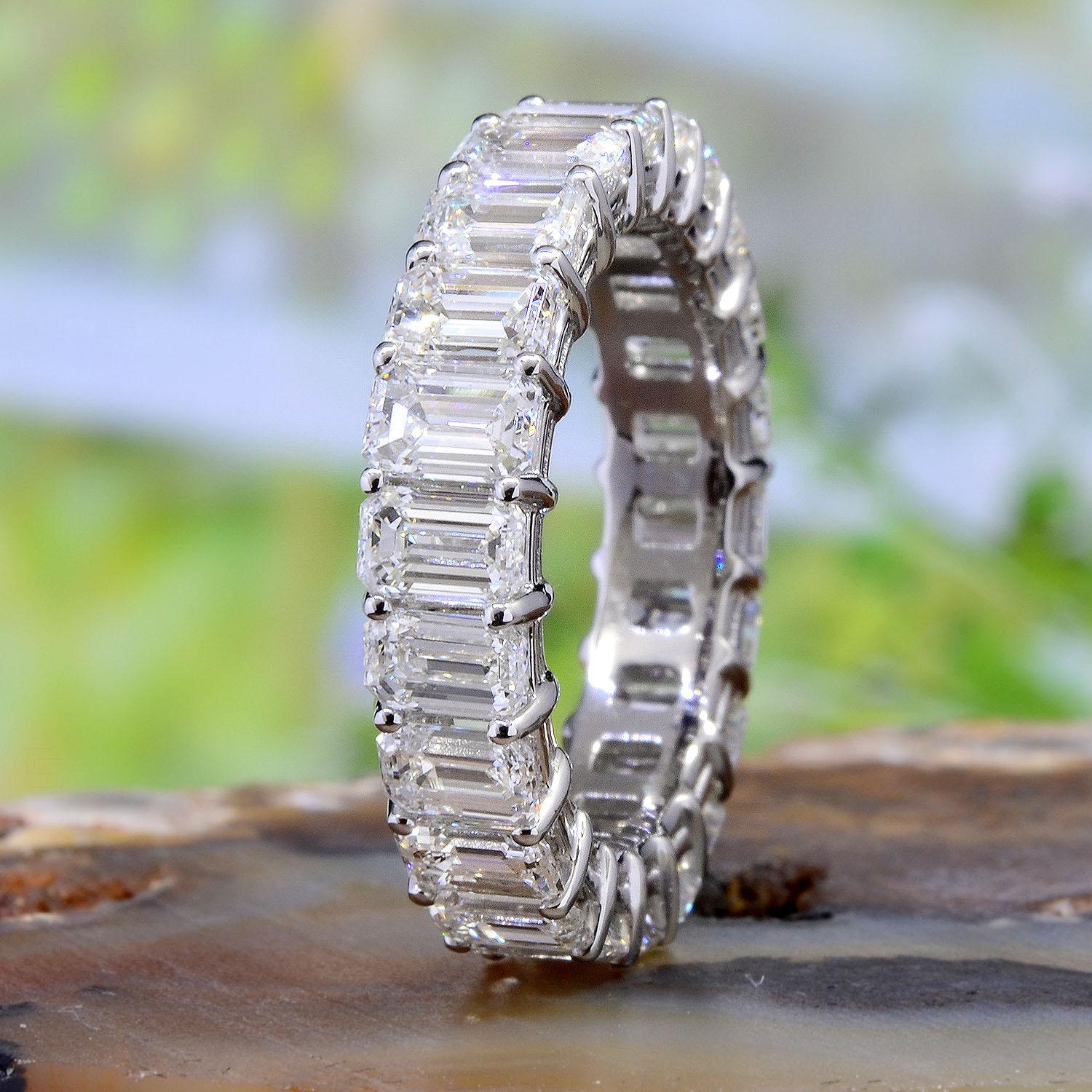 For Sale:  3 Carat Emerald Cut Eternity Band Shared Prong Design F-G Color VS1 Clarity 18k 11