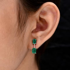 3 Carat Emerald Cut Zambian Emerald Gemstone 18 Karat White Gold Dangle Earrings