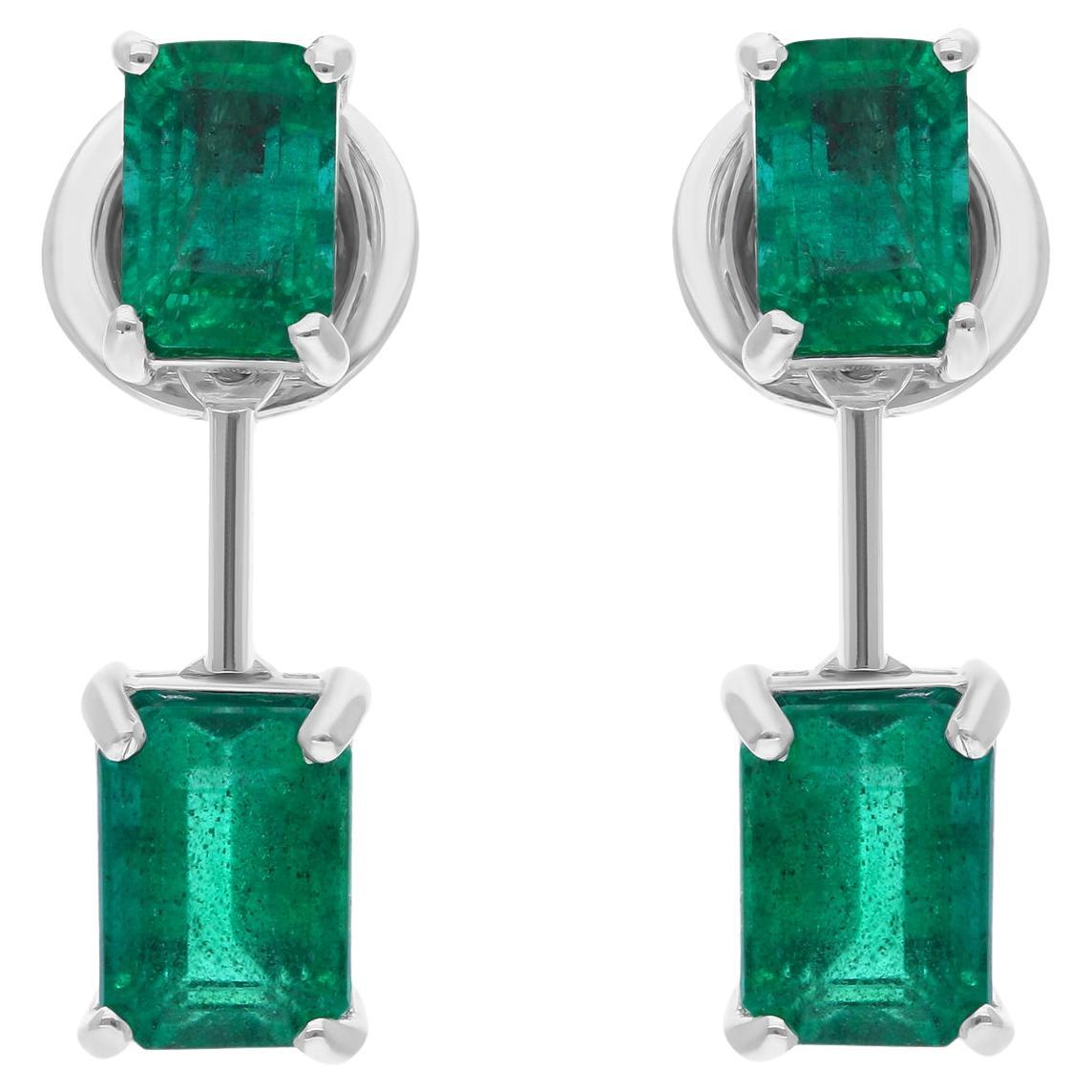 3 Carat Emerald Cut Zambian Emerald Gemstone 18 Karat White Gold Dangle Earrings