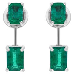 Pendientes colgantes de oro blanco de 18 quilates con gema esmeralda de Zambia talla esmeralda de 3 quilates