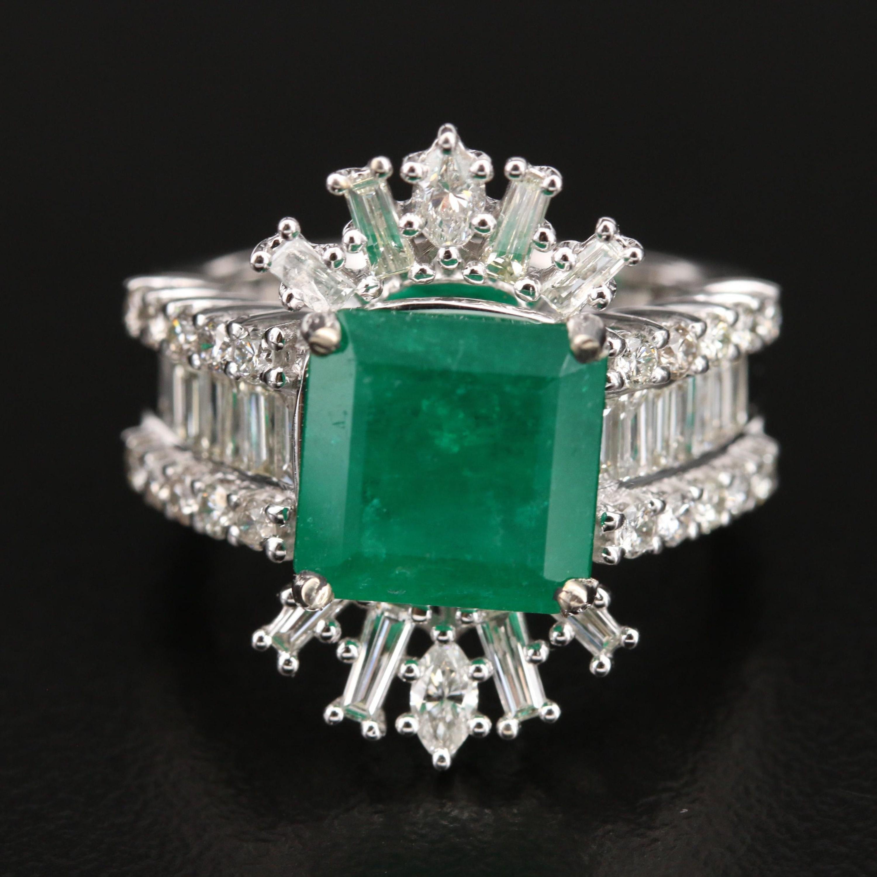 For Sale:  3 Carat Emerald Diamond Engagement Ring Art Deco Halo Emerald Statement Ring 6