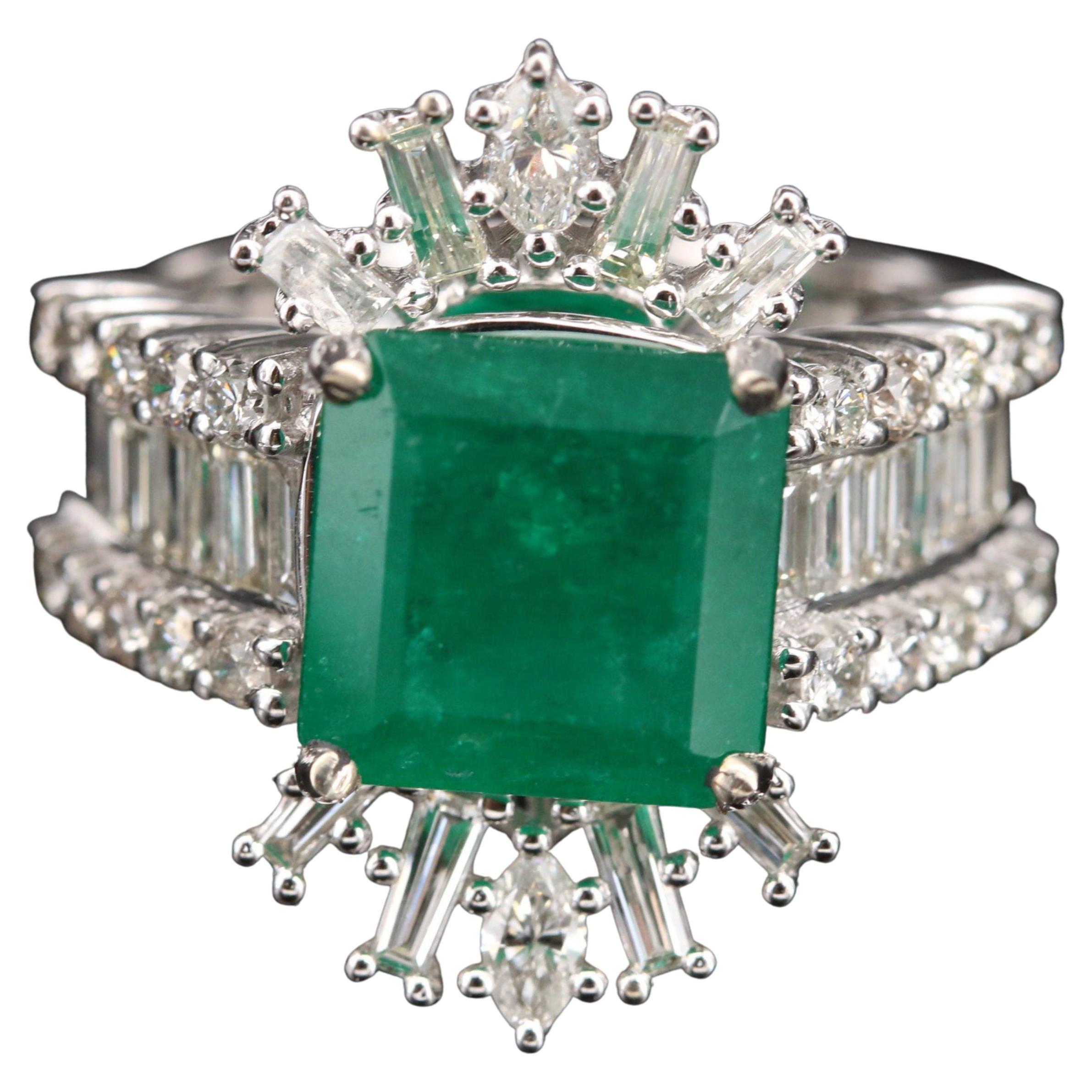 For Sale:  3 Carat Emerald Diamond Engagement Ring Art Deco Halo Emerald Statement Ring