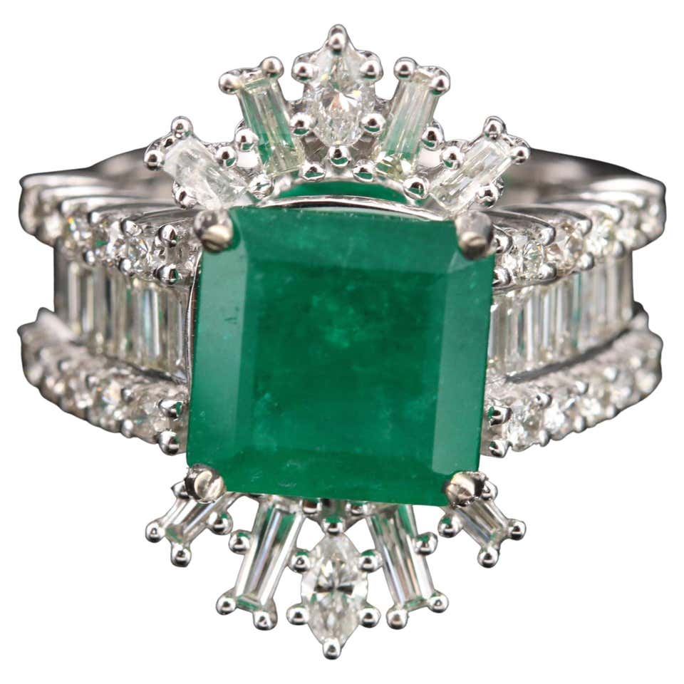Art Deco Diamond And Emerald Engagement Ring at 1stDibs