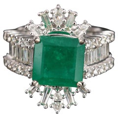 3 Carat Emerald Diamond Engagement Ring Art Deco Halo Emerald Statement Ring