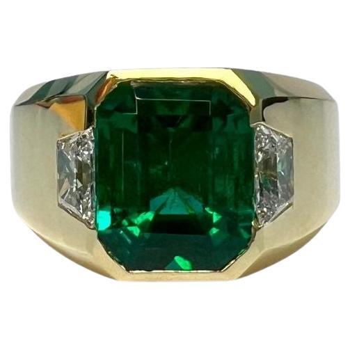 3 Carat Emerald EC Bezel Ring, 0.45 Diamonds, 18k Yellow Gold, Ring