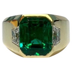 3 Karat Smaragd EC Lünette Ring, 0,45 Diamanten, 18 Karat Gelbgold, Ring