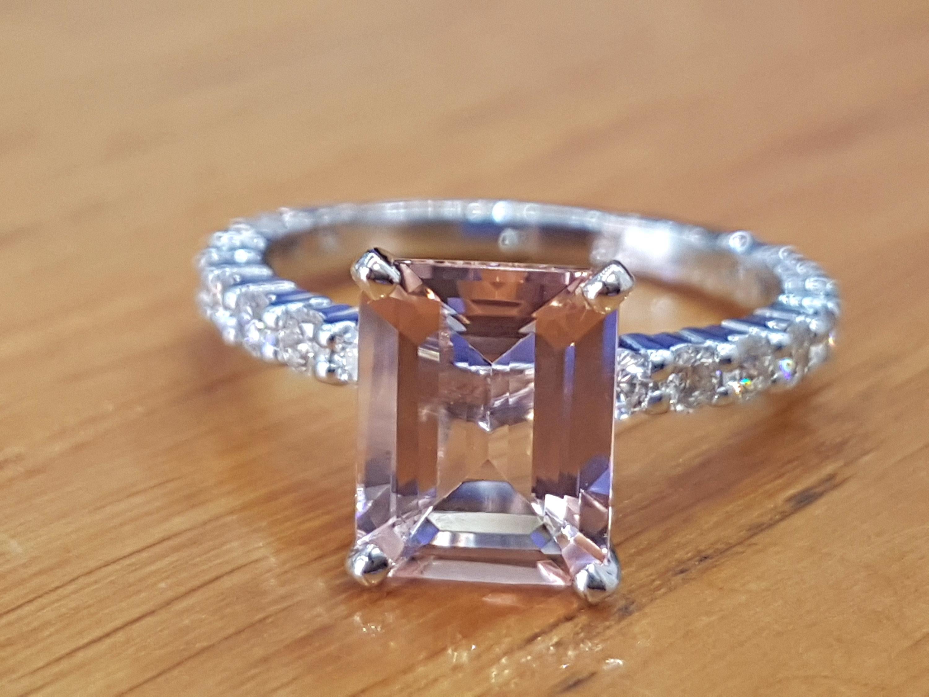 One of a kind 3 Carat Morganite and Diamonds Engagement Ring - An amazing 2.5-3.0 carat pink/peach natural emerald cut morganite gemstone,
 adorned by 0.90ctw of white natural diamonds - this ring is a great diamond alternative ring that will draw